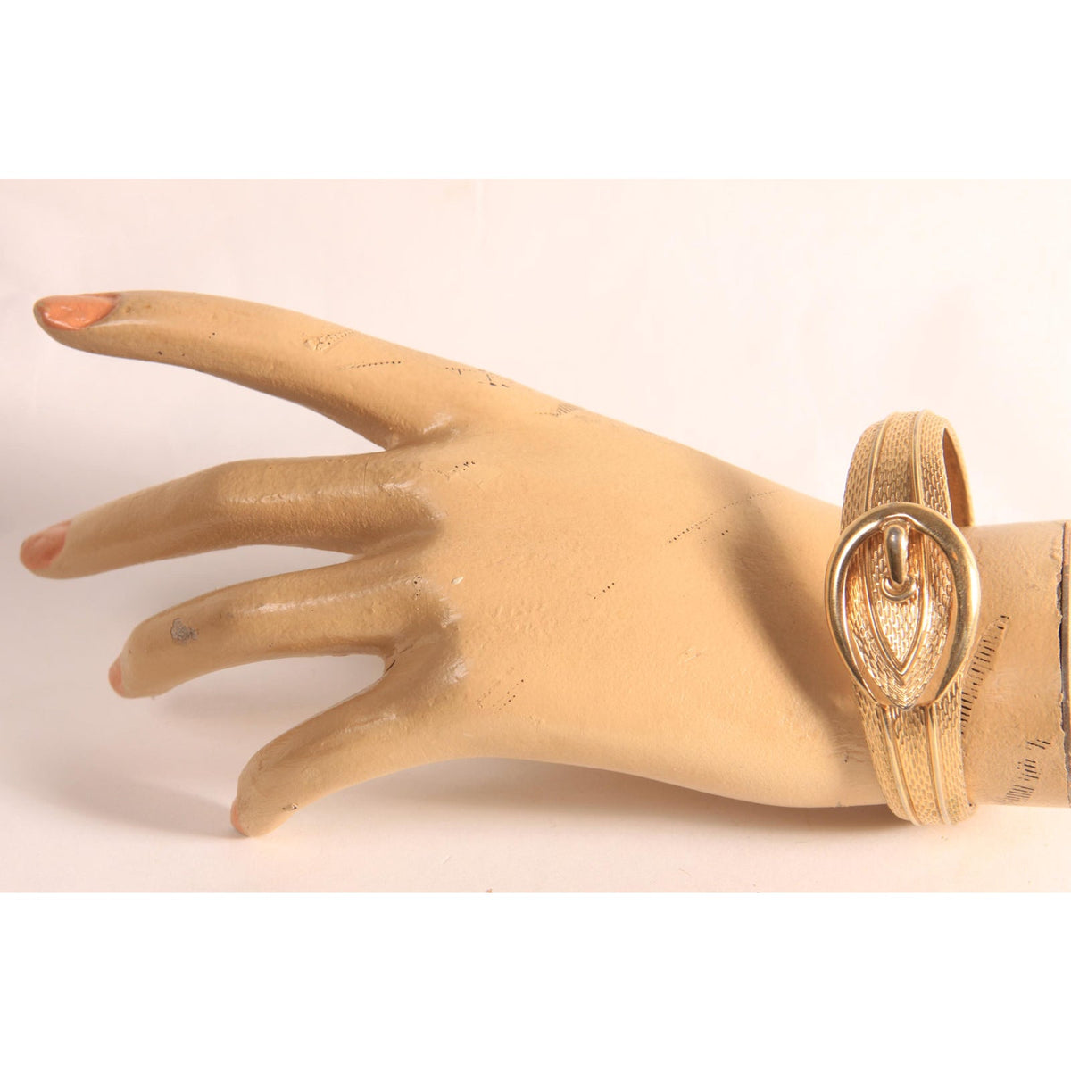 1970s 1980s Gold Tone Metal Novelty Buckle Hinged Clamper Bracelet by Avon