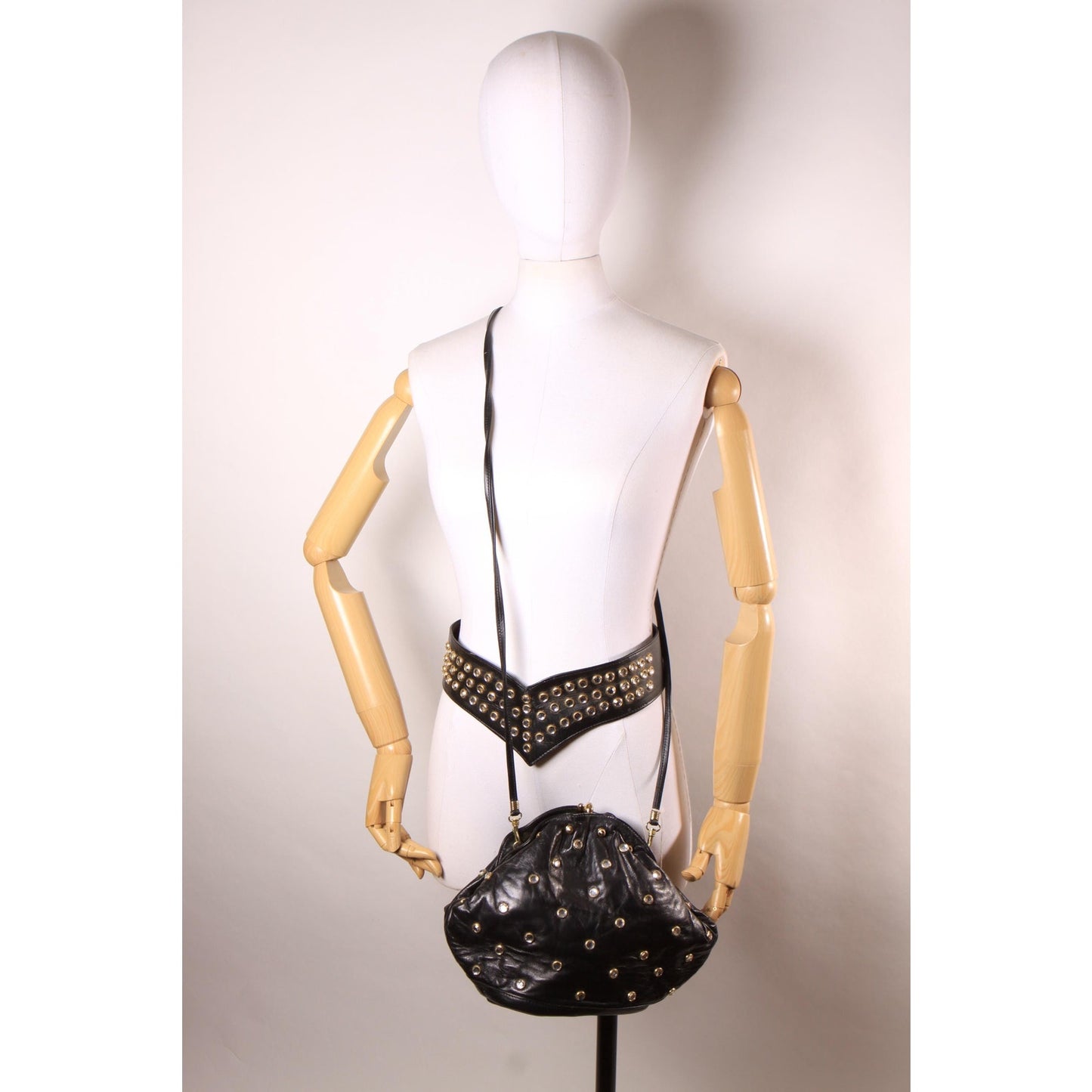 1980s Black Leather Gold Metal Rhinestone Bedazzled Shoulder Bag Purse with Matching Rhinestone Leather V Shaped Belt by Isabel