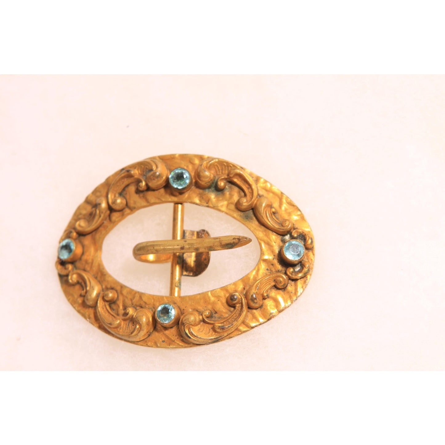 Antique 1900s Edwardian Gold Tone Metal and Blue Stone Art Nouveau Belt Buckle