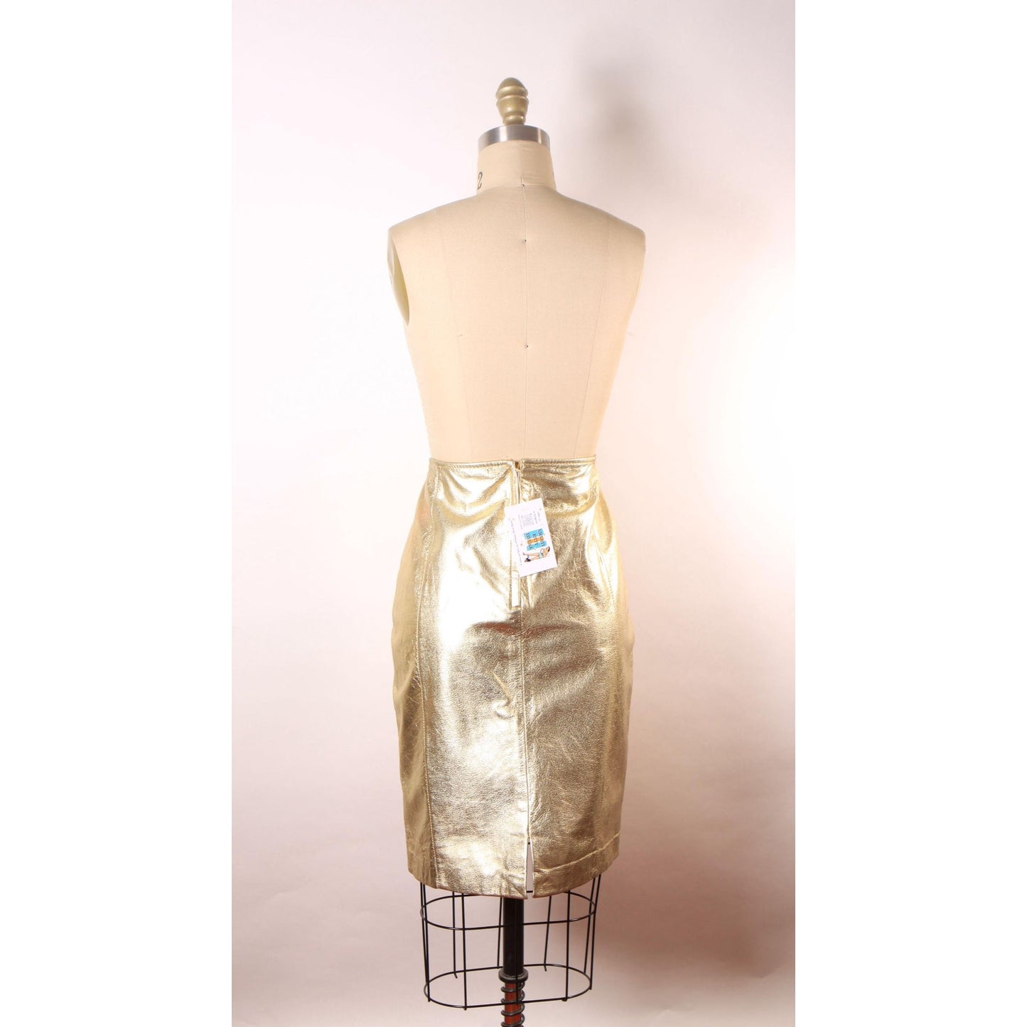 Deadstock 1980s Gold Metallic Leather Pencil Skirt -Size 14