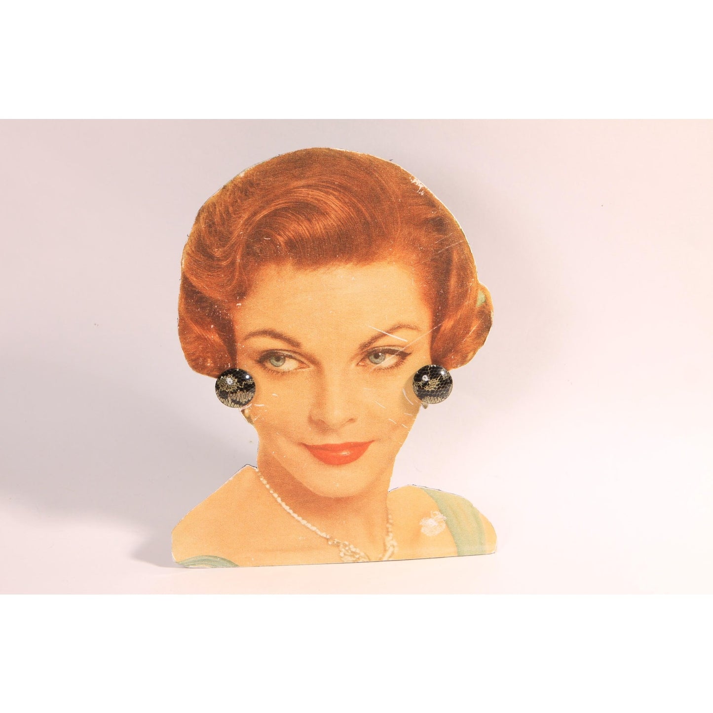 1950s 1960s Black and Gold Lace Lucite Plastic Clip On Earrings