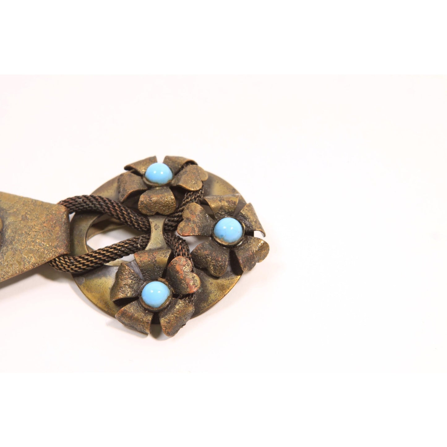 Antique 1900s 1910s Art Nouveau Edwardian Bronze and Turquoise Blue Metal Belt Buckle Clasp