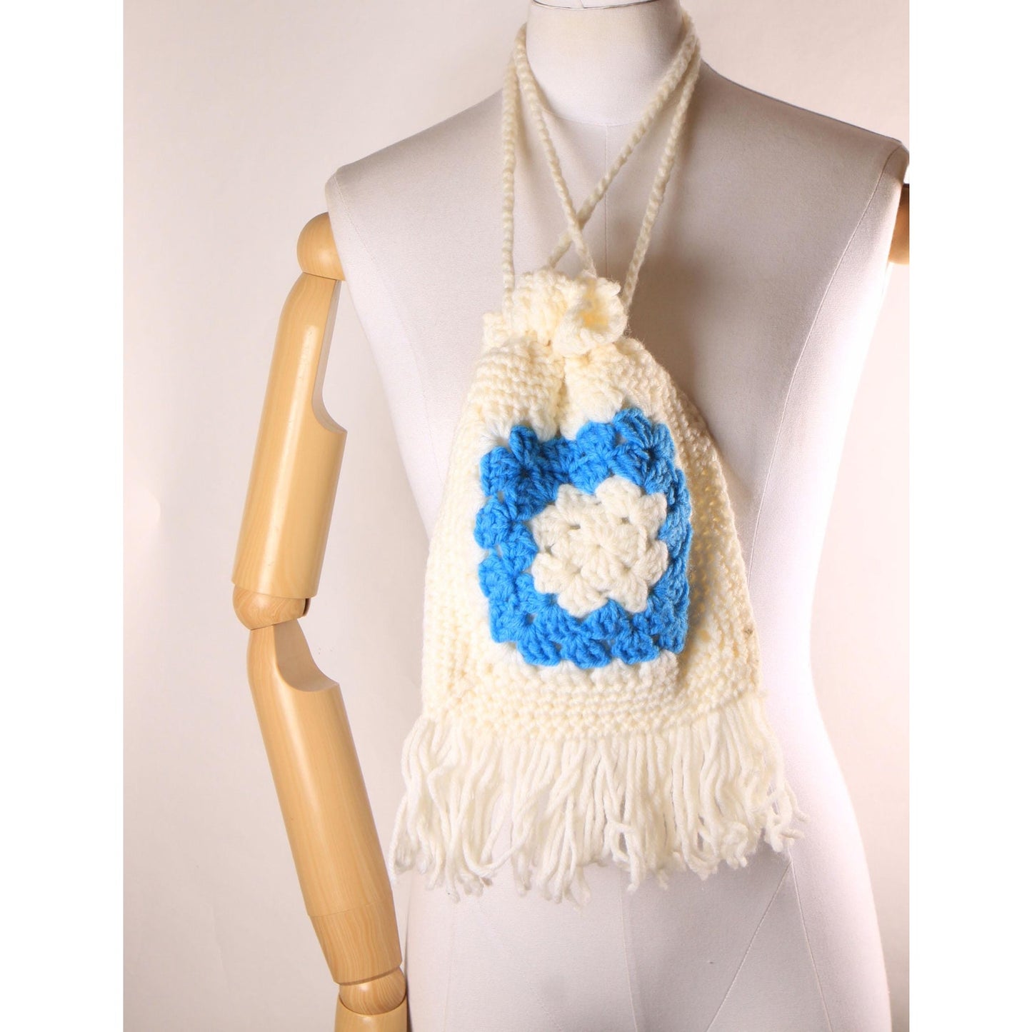1970s White and Turquoise Blue Crochet Granny Square Drawstring Fringe Purse Bag