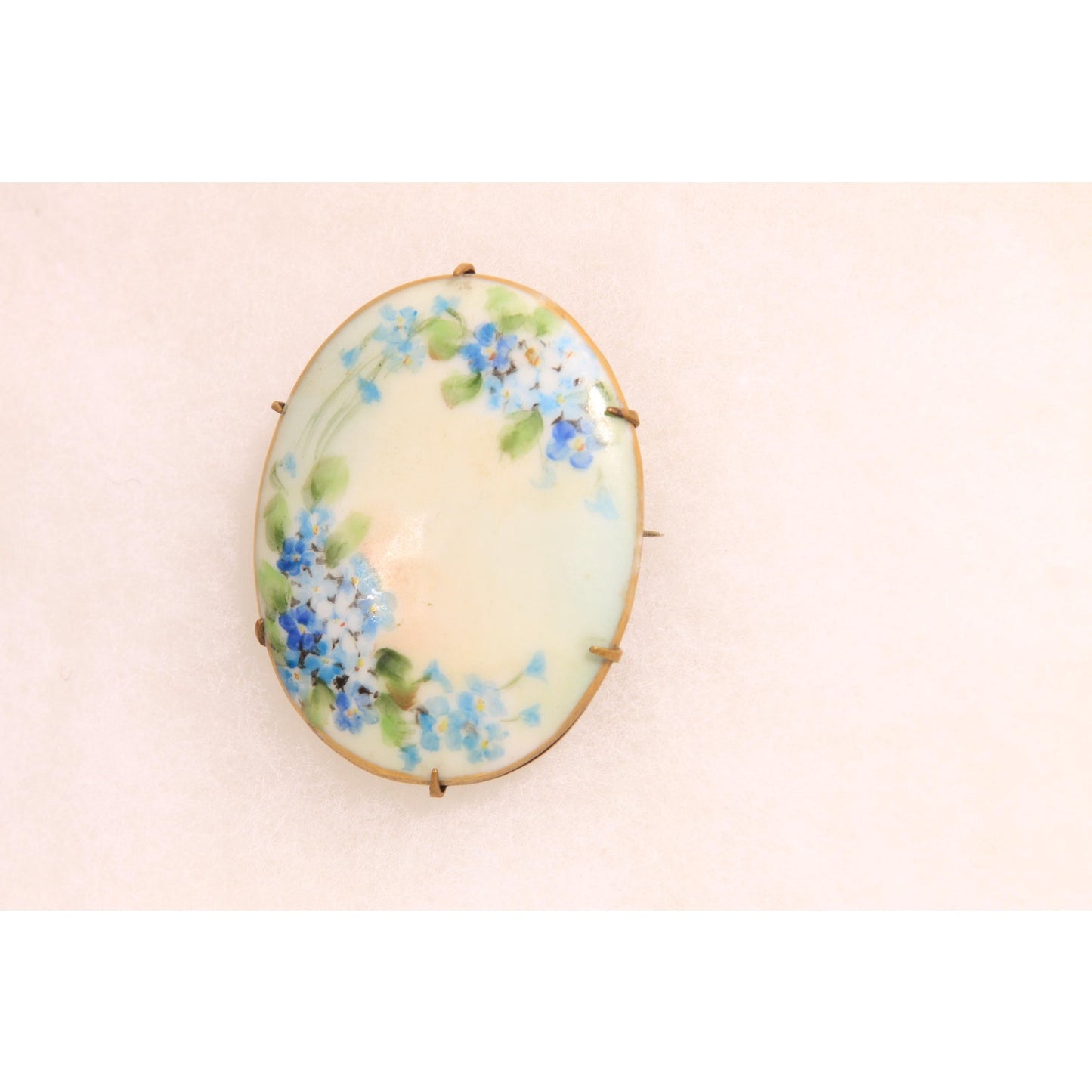 Antique Victorian 1800s Cream, Blue and Green Floral Hand Painted Porcelain Brooch