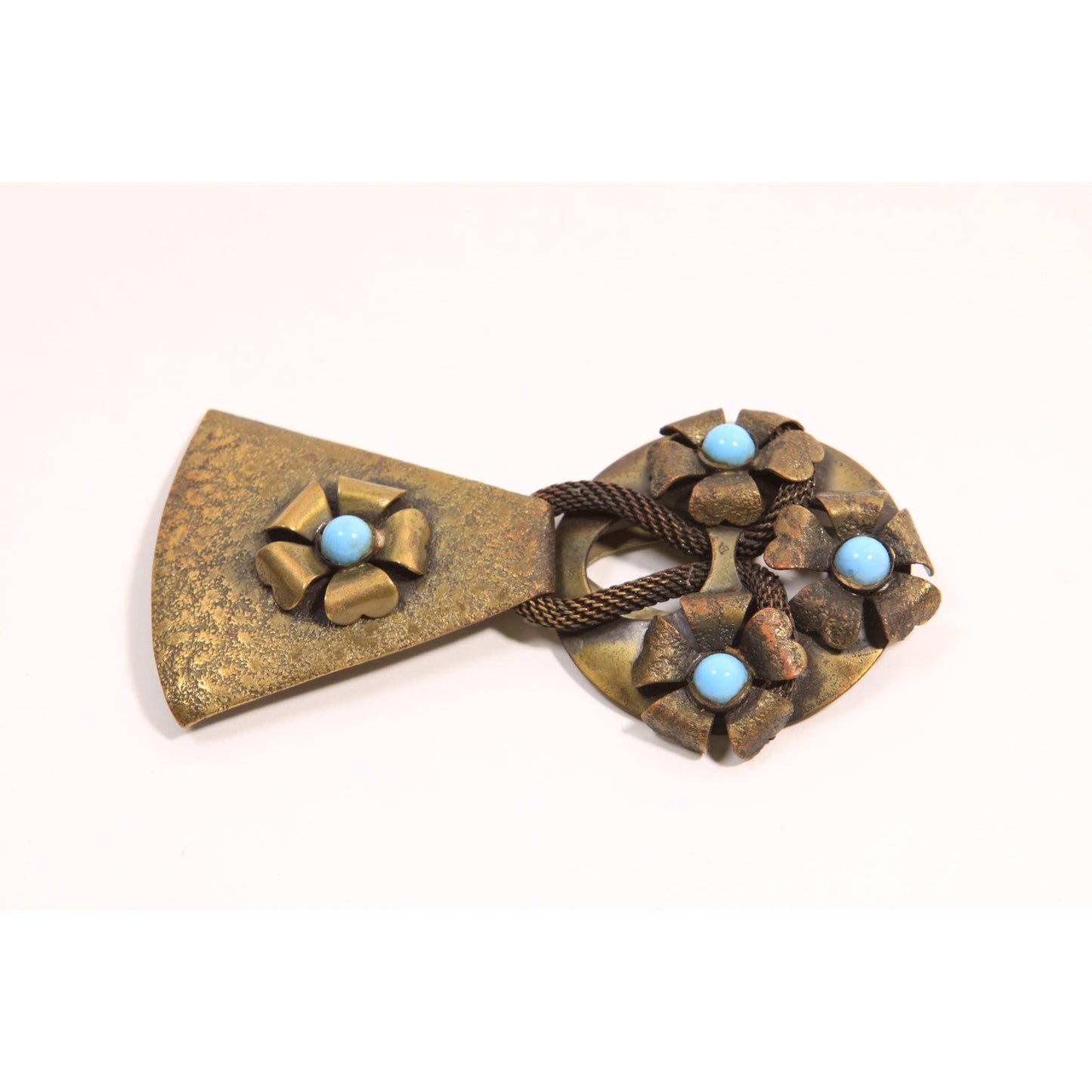 Antique 1900s 1910s Art Nouveau Edwardian Bronze and Turquoise Blue Metal Belt Buckle Clasp