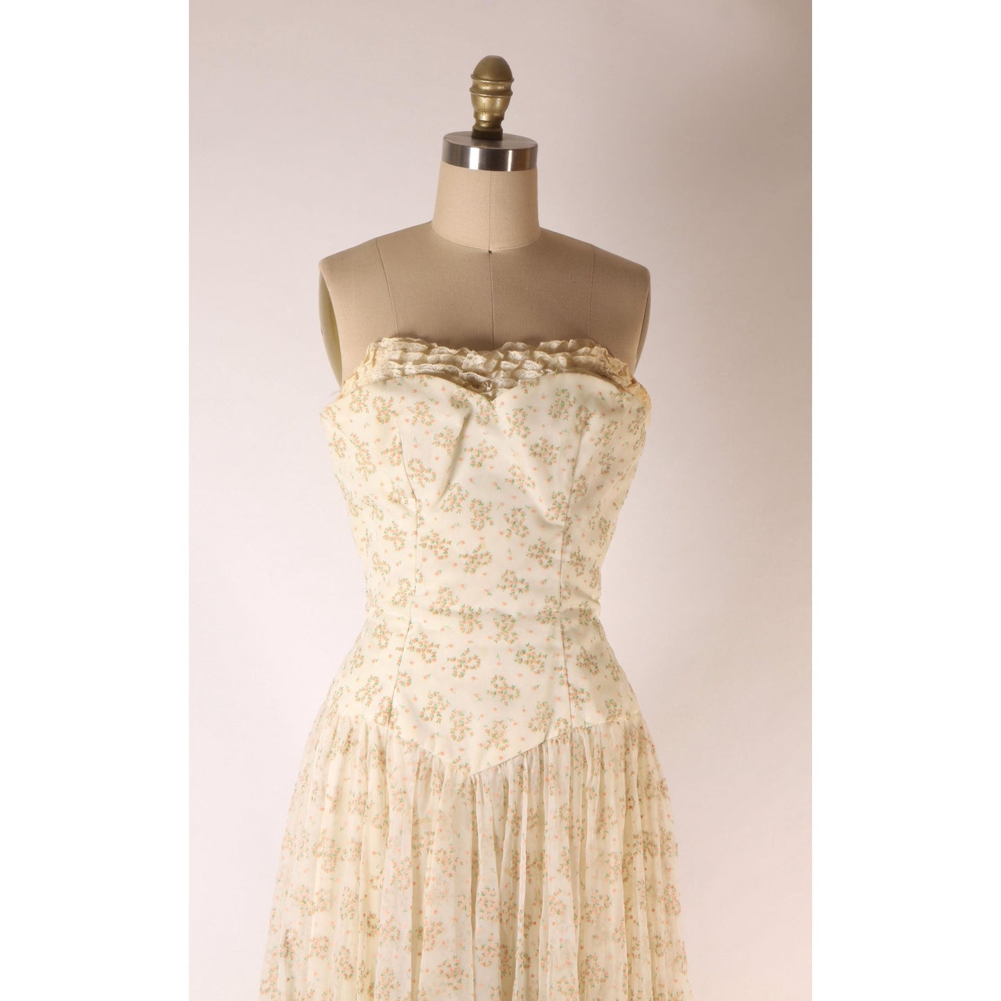 1940s Cream Off White Pink and Green Floral Bow Flocked Velvet Strapless Floor Length Formal Dress