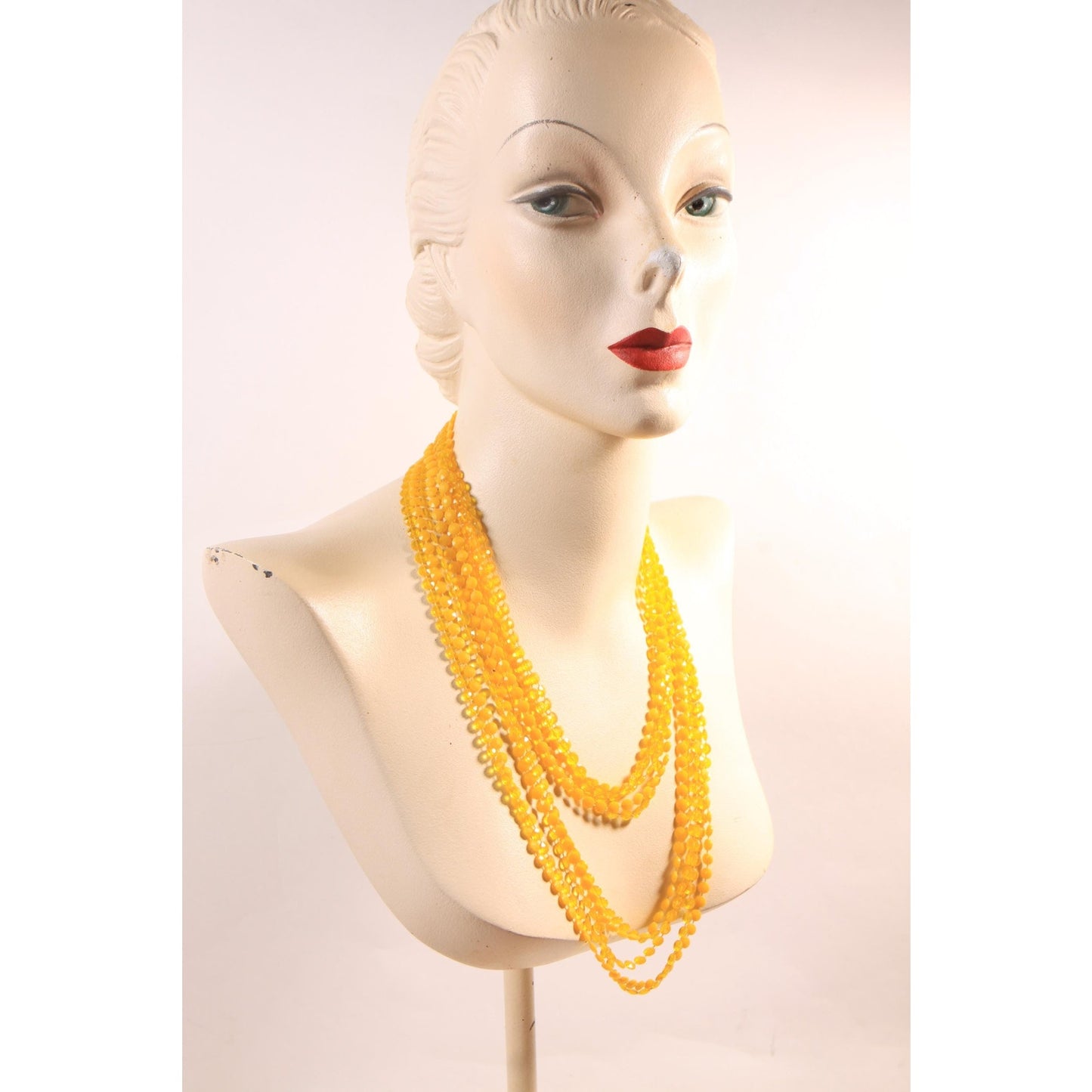 1960s Yellow Floral Flower Shaped Four Strand Plastic Beaded Necklace
