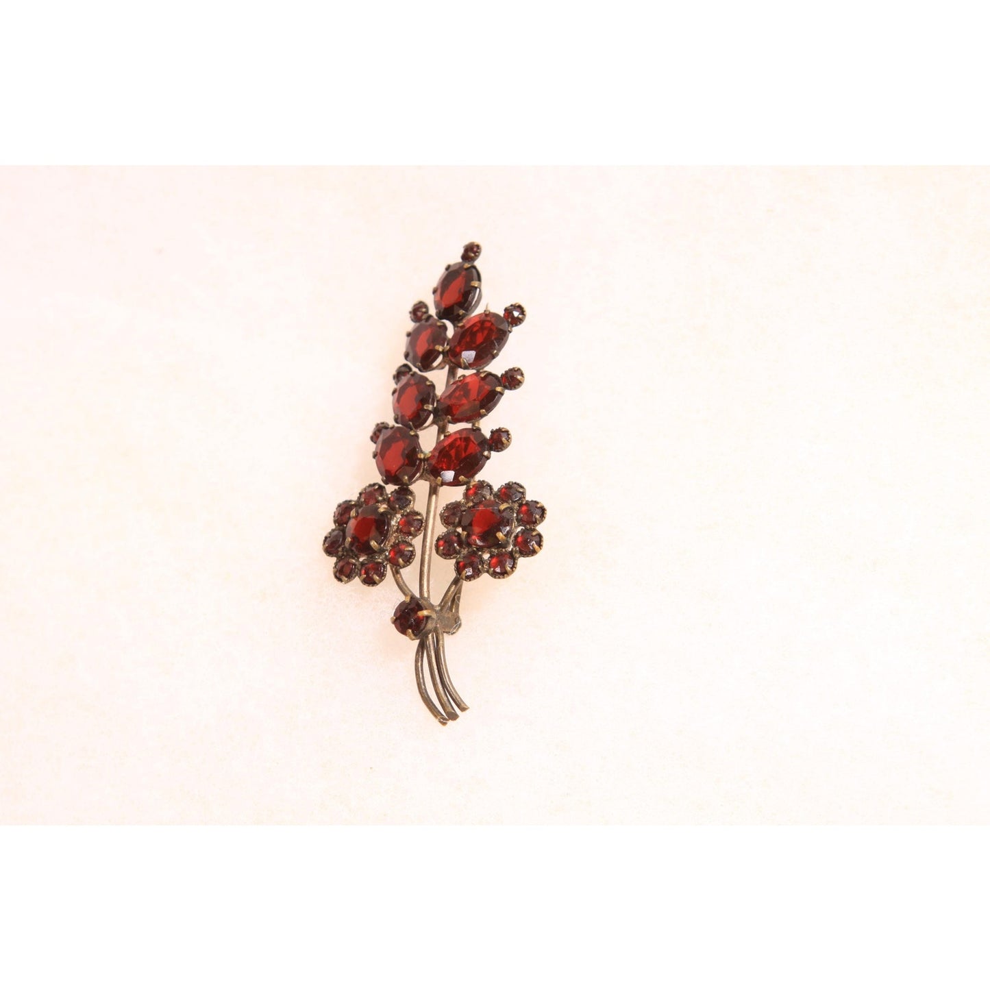 1930s Faux Garnet Red Glass Novelty Floral Leaf Bouquet Czech Slovakia Brooch