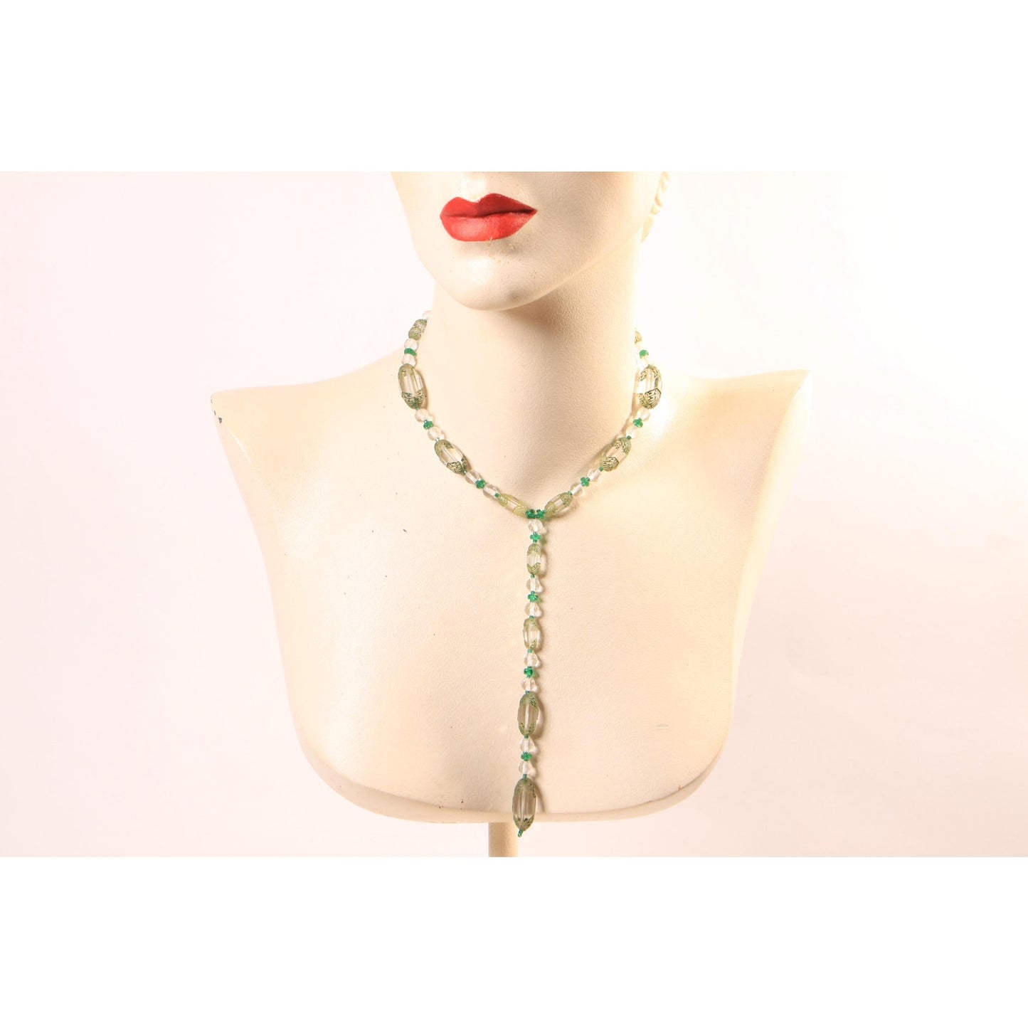 1930s Clear Glass and Green Floral Etched Art Deco Drop Chain Necklace