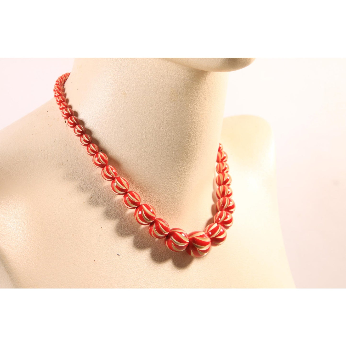 1920s Red and Cream Off White Carved French Galalith Beaded Necklace