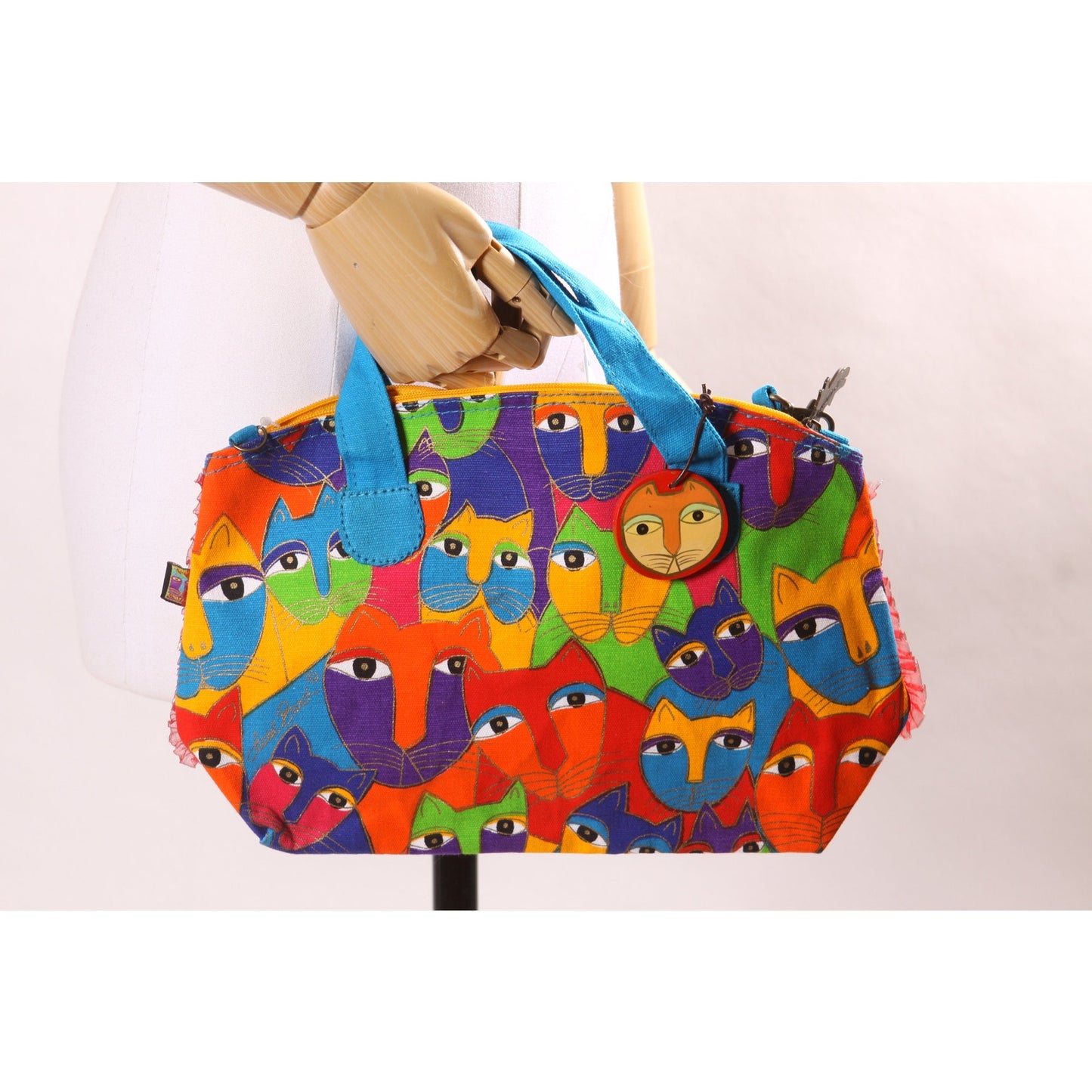 Deadstock 1980s Novelty Rainbow Multi-Colored Cat Print Top Handle Crossbody Shoulder Strap Purse by Laurel Burch