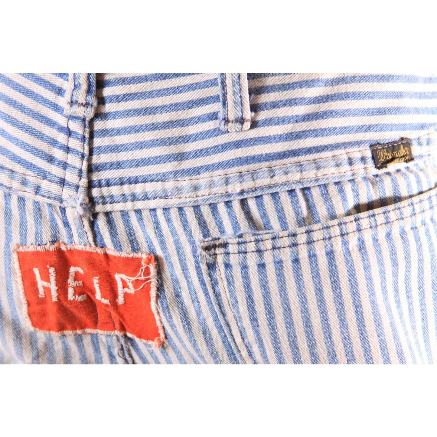1970s Blue and White Striped Novelty Help and Love Patchwork Patch Railroad Jeans by Wrangler -31x34