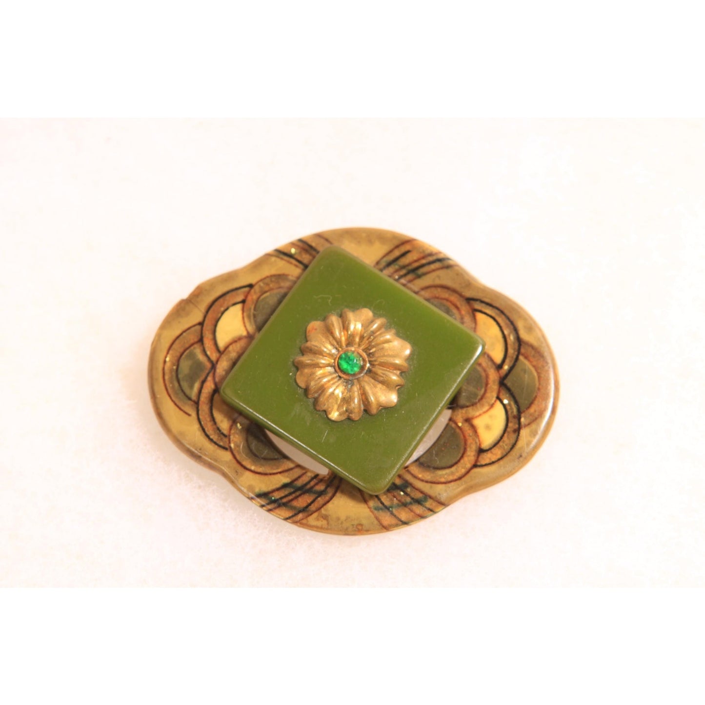 1930s Green and Yellow Rhinestone Art Deco Art Nouveau Rounded Bakelite and Plastic Swirl Brooch