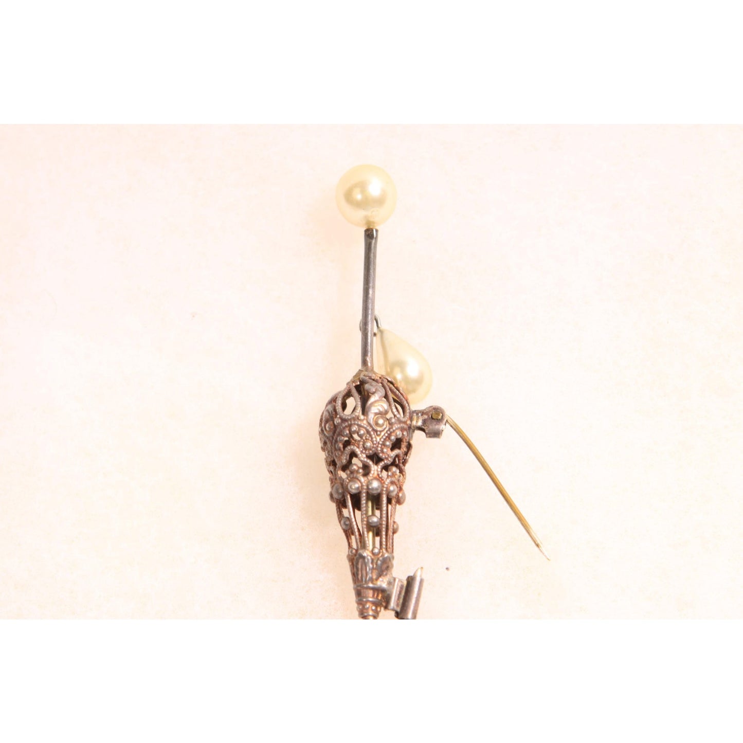Antique 1920s Novelty Silver Tone Metal Faux Pearl Umbrella Parasol Brooch