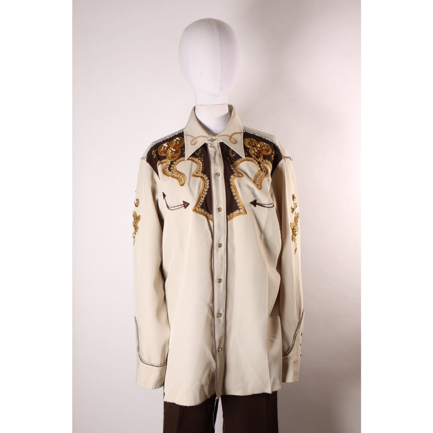 Late 1960s Early 1970s Brown and Tan Gold Metallic Rhinestone and Sequin Roses Western Pearl Snap Top with Matching Pants by H Bar C