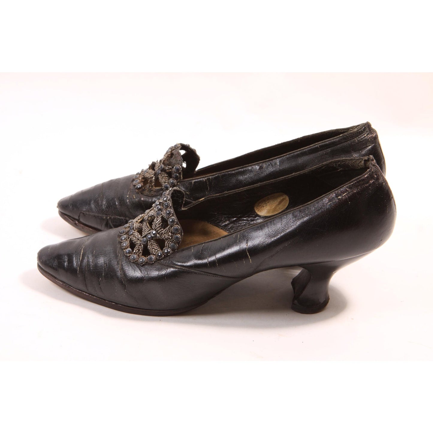 Antique 1920s Flapper Beaded Black Pointed Toe High Heel Pump Shoes