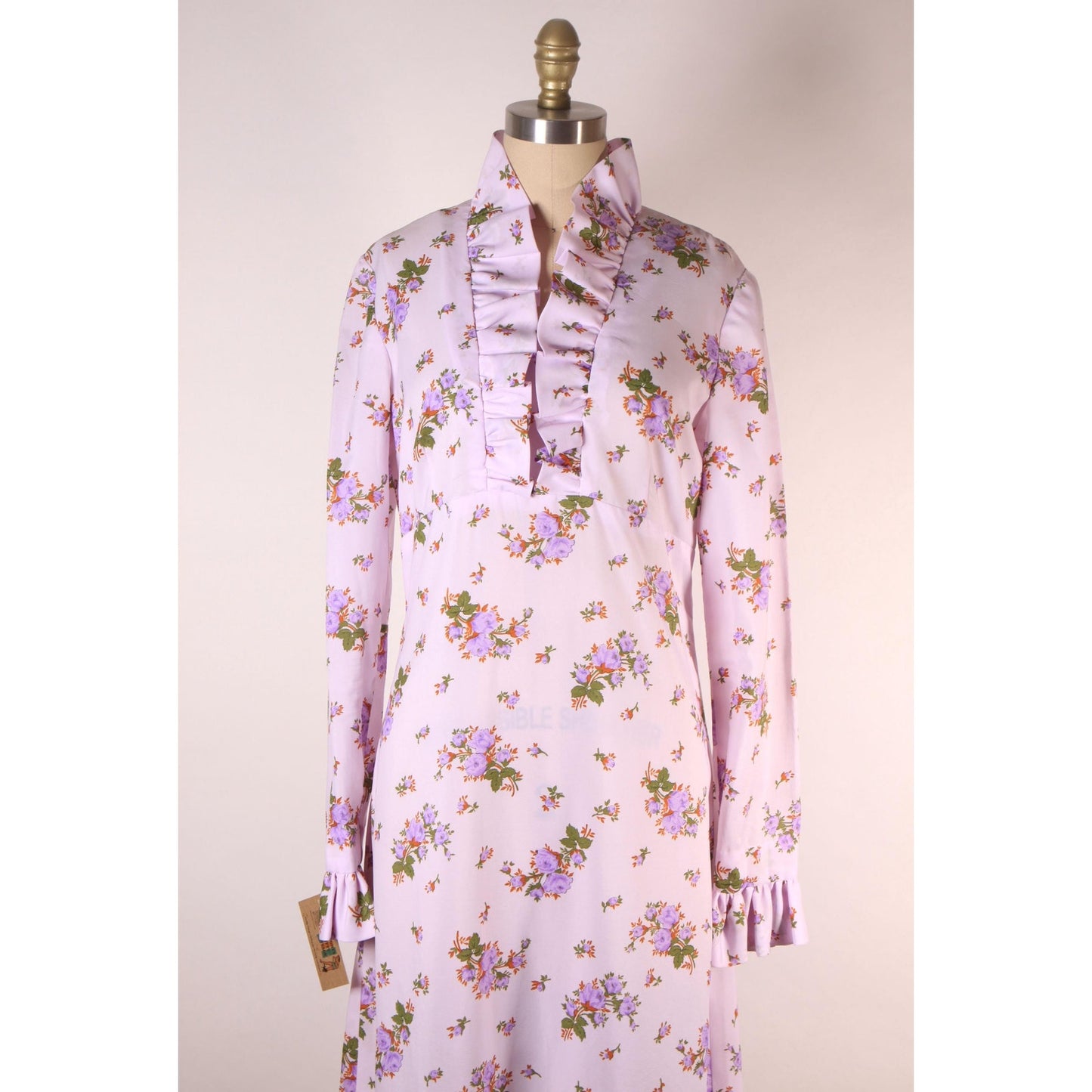 1970s Purple Floral Flower Print Long Statement Sleeve Ruffle Collar Maxi Dress -M