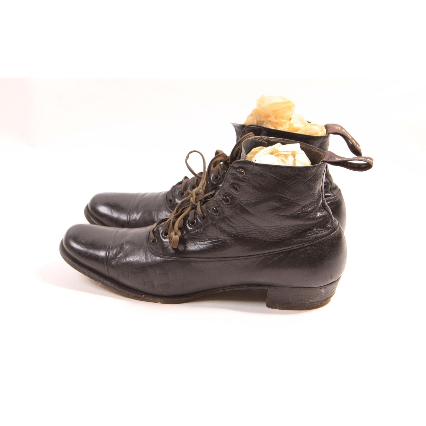 Antique 1900s 1910s Edwardian Black Leather Mens Lace Up Boots by Hanan & Son