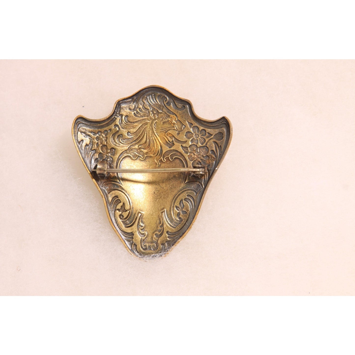 Antique 1800s Victorian Gold Tone Metal Lion Shield Initial Brooch