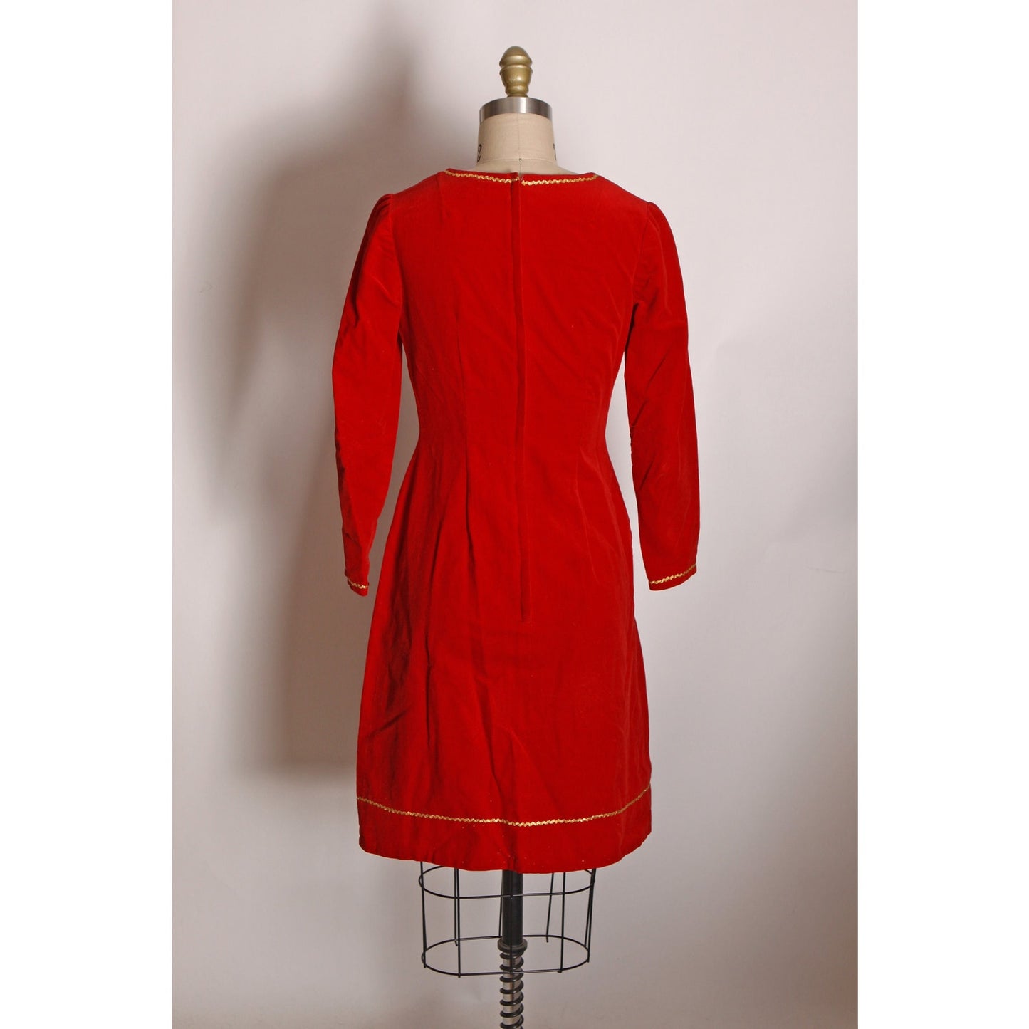 1960s Red Velvet 3/4 Length Sleeve Gold Trim Flared Christmas Dress -XS
