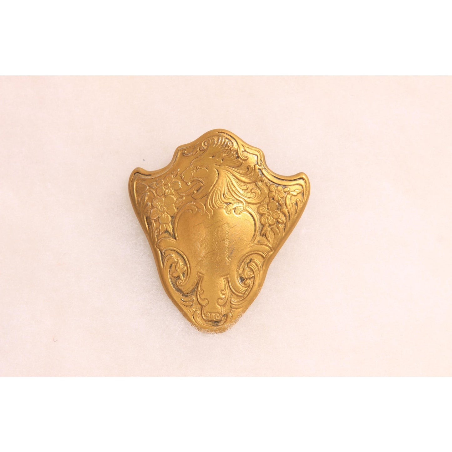 Antique 1800s Victorian Gold Tone Metal Lion Shield Initial Brooch