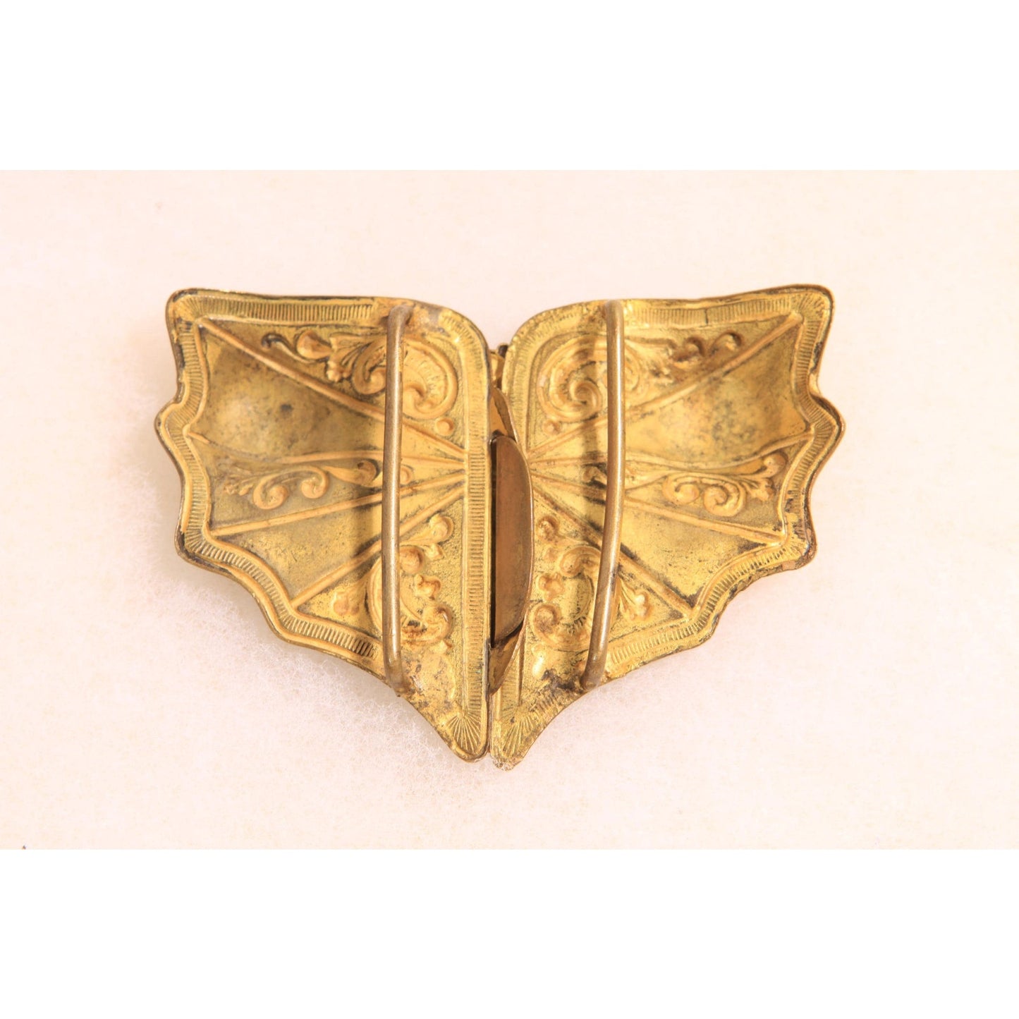 1930s Art Nouveau Gold Tone Metal Purple Stone Gothic Bat Wing Belt Buckle