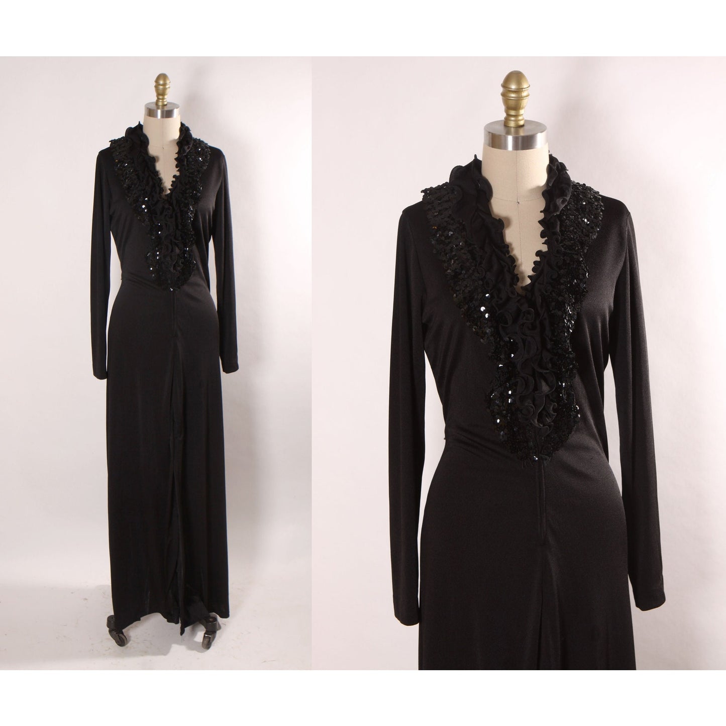 1970s Black Long Sleeve Ruffle Collar Sequin Detail Full Length Middle Slit Dress by Lynn Stevens -L
