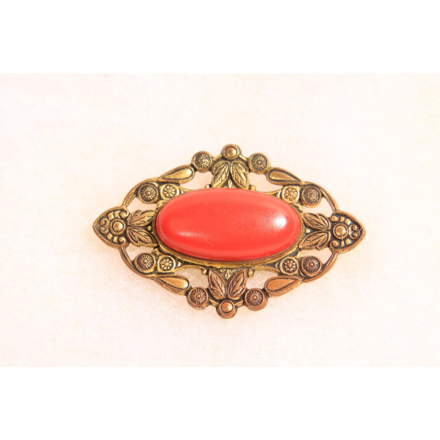 Antique 1900s 1910s Edwardian Gold Brass Tone Metal and Orange Red Brooch