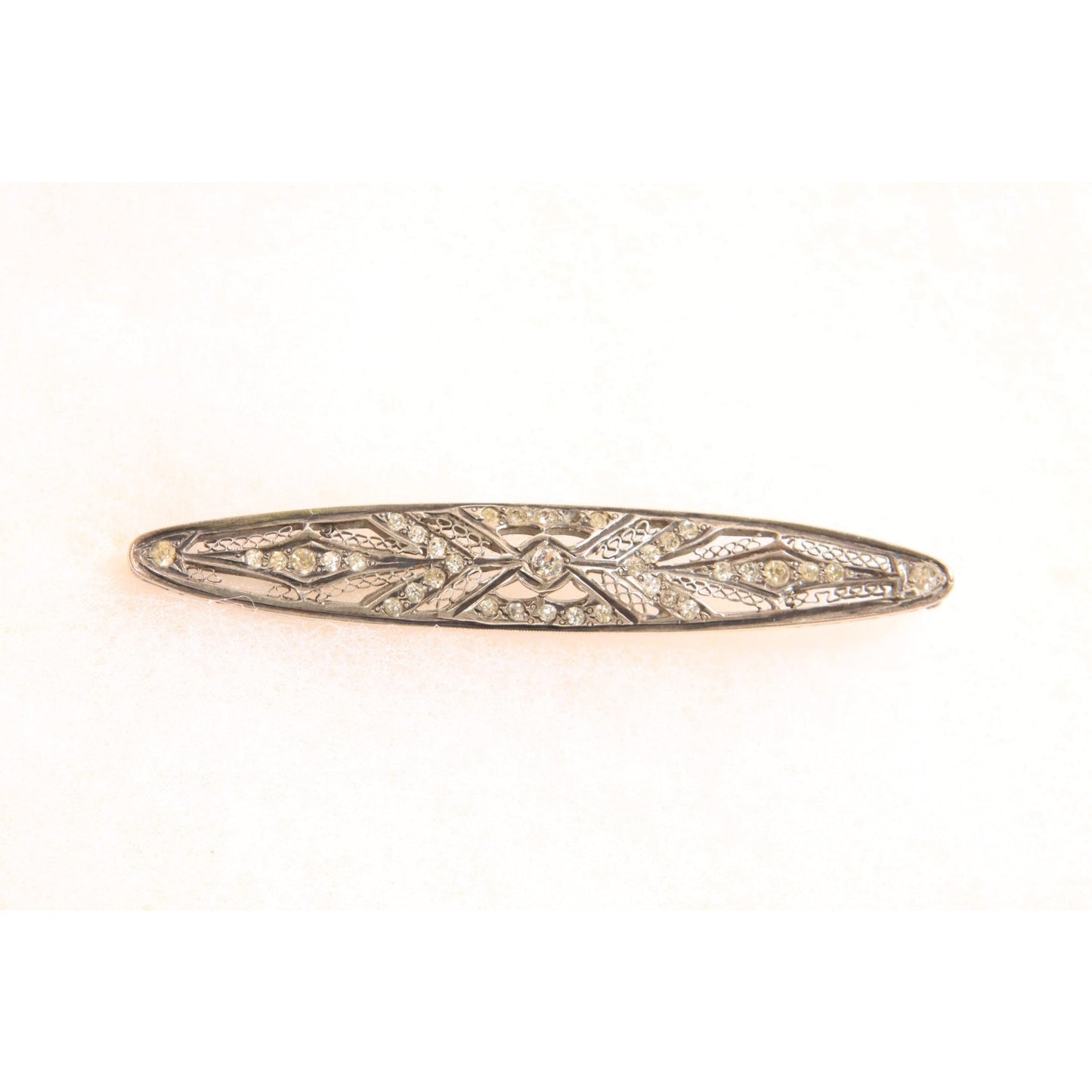 Antique 1920s Silver Tone Metal Marcasite Oval Bar Brooch