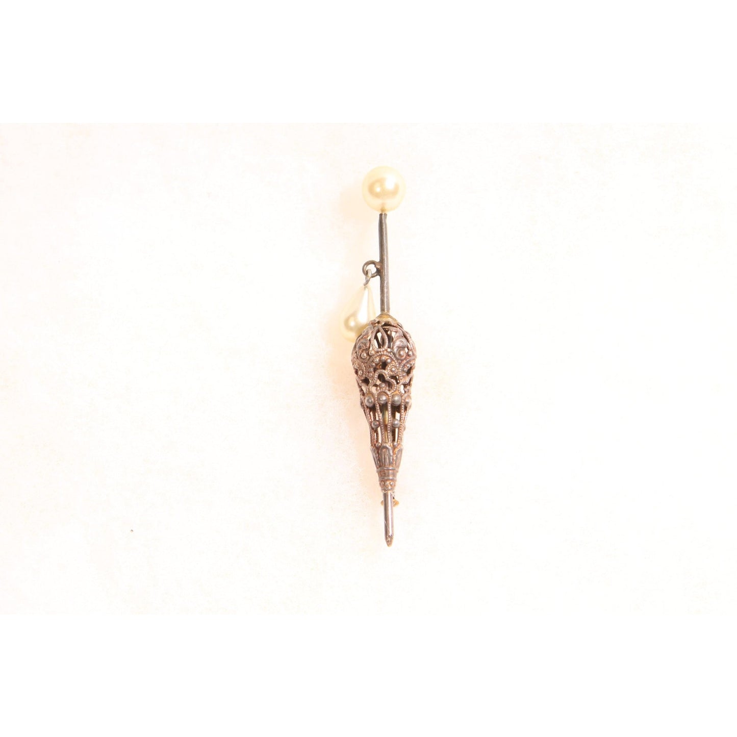 Antique 1920s Novelty Silver Tone Metal Faux Pearl Umbrella Parasol Brooch