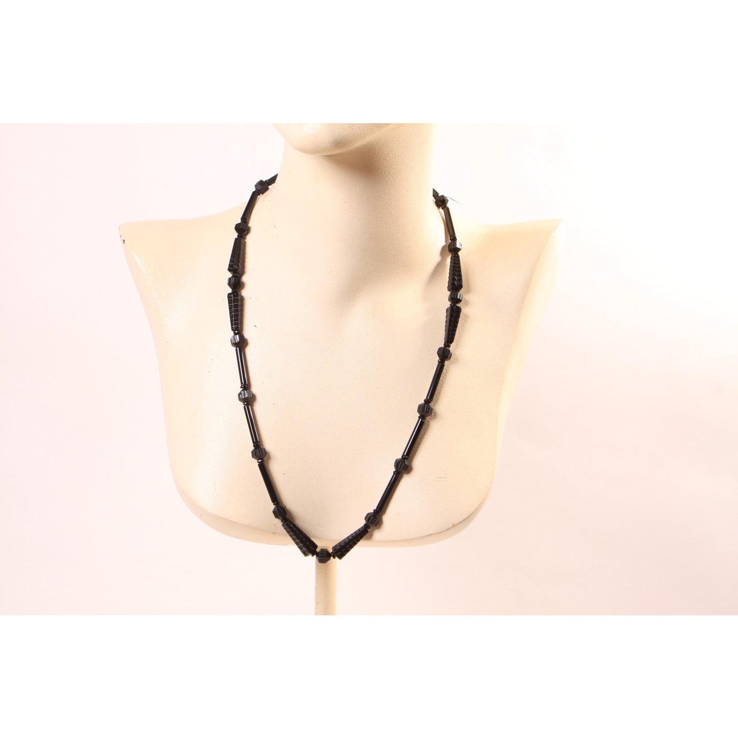 1920s 1930s Black Glass Carved Art Deco Faceted Beaded Necklaces