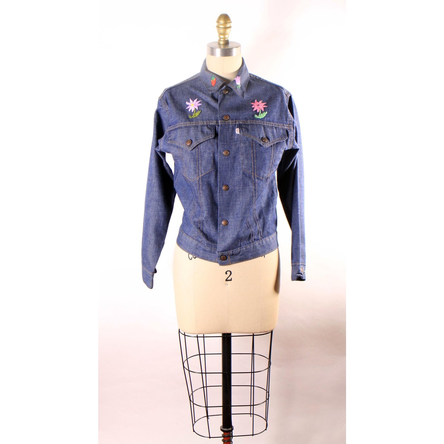 1970s Blue Denim Novelty Embroidered Floral Flowers Sunflowers and Strawberry Cropped Denim Jacket by Levi's -M