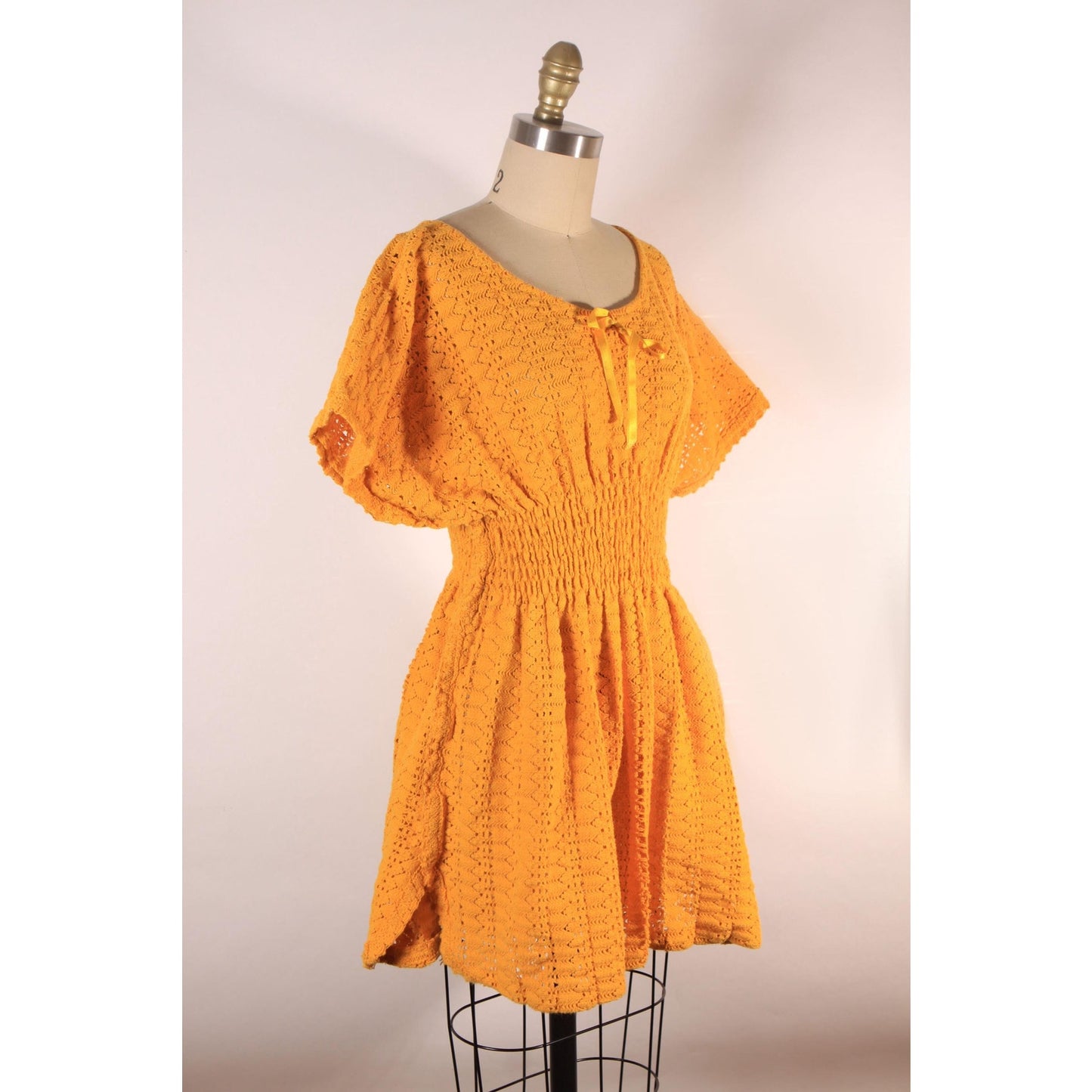 1970s Golden Harvest Yellow Smocked Short Sleeve Knit Blouse -L