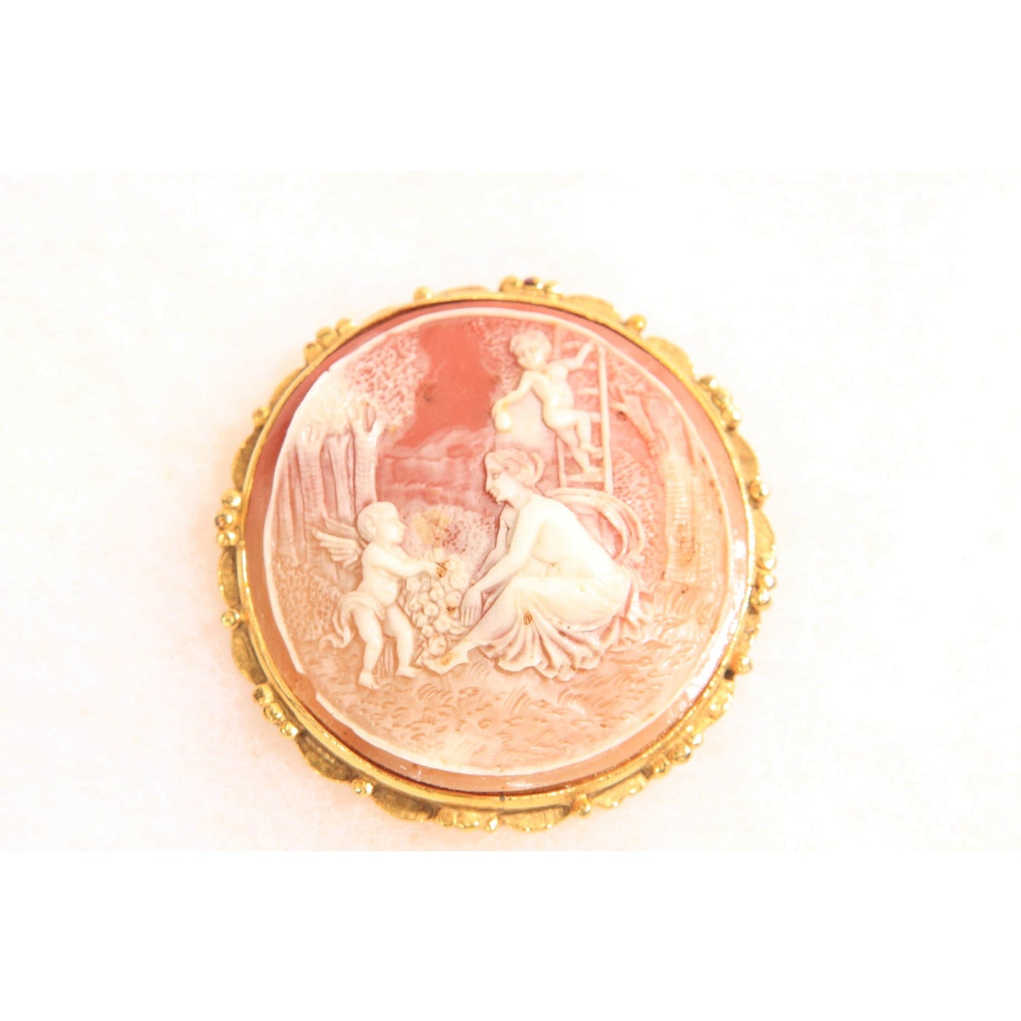 1960s 1970s Peach Pink and Cream Gold Tone Metal Cameo Woman and Cherub Cameo Brooch