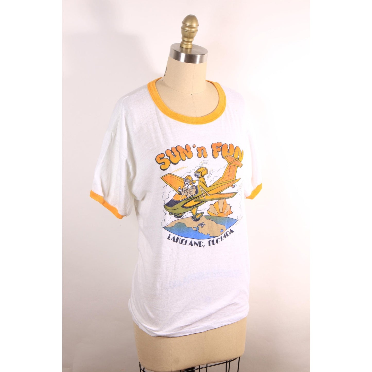 Late 1970s Early 1980s White and Yellow Flying Plane Sun N Fun Lakeland Florida T-Shirt