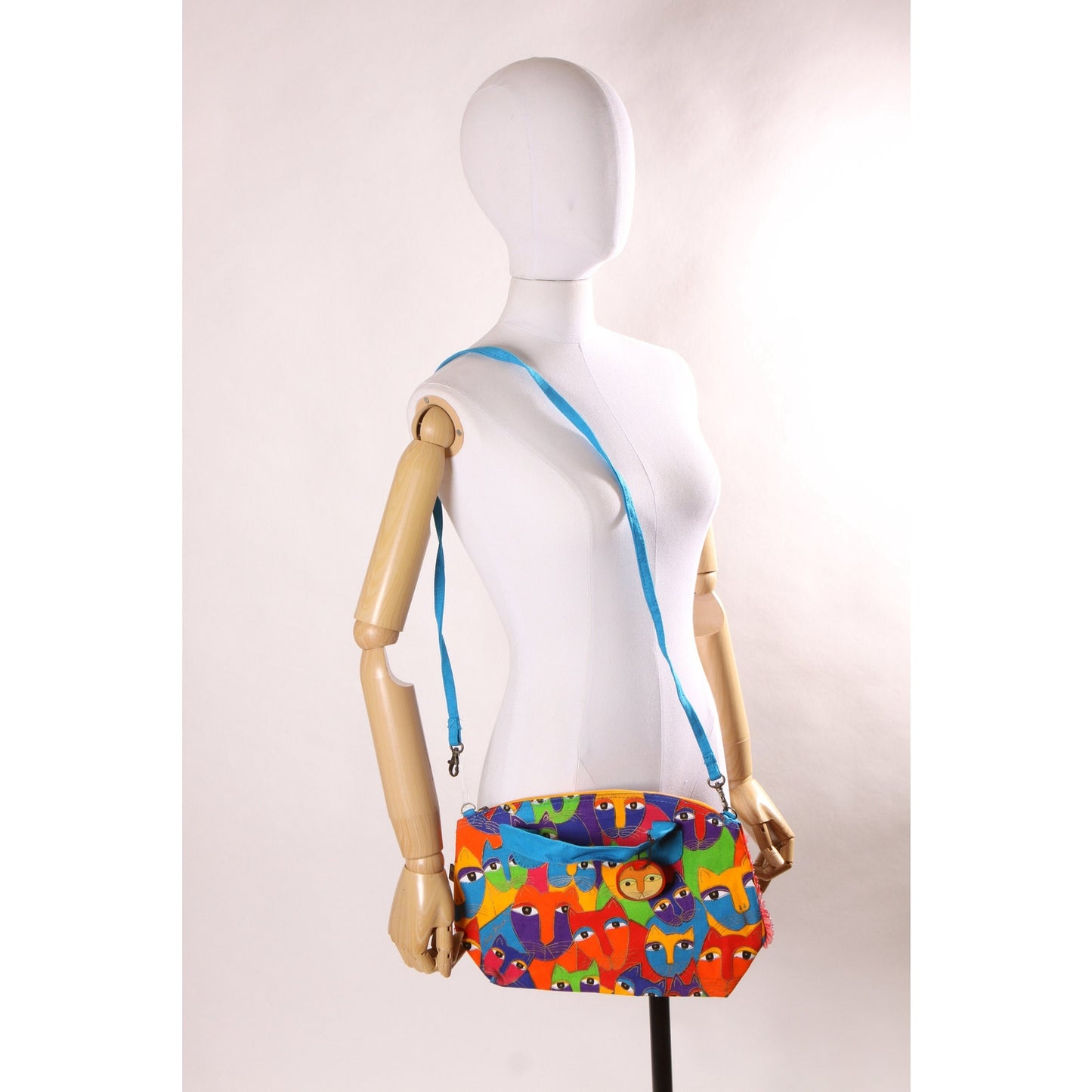 Deadstock 1980s Novelty Rainbow Multi-Colored Cat Print Top Handle Crossbody Shoulder Strap Purse by Laurel Burch