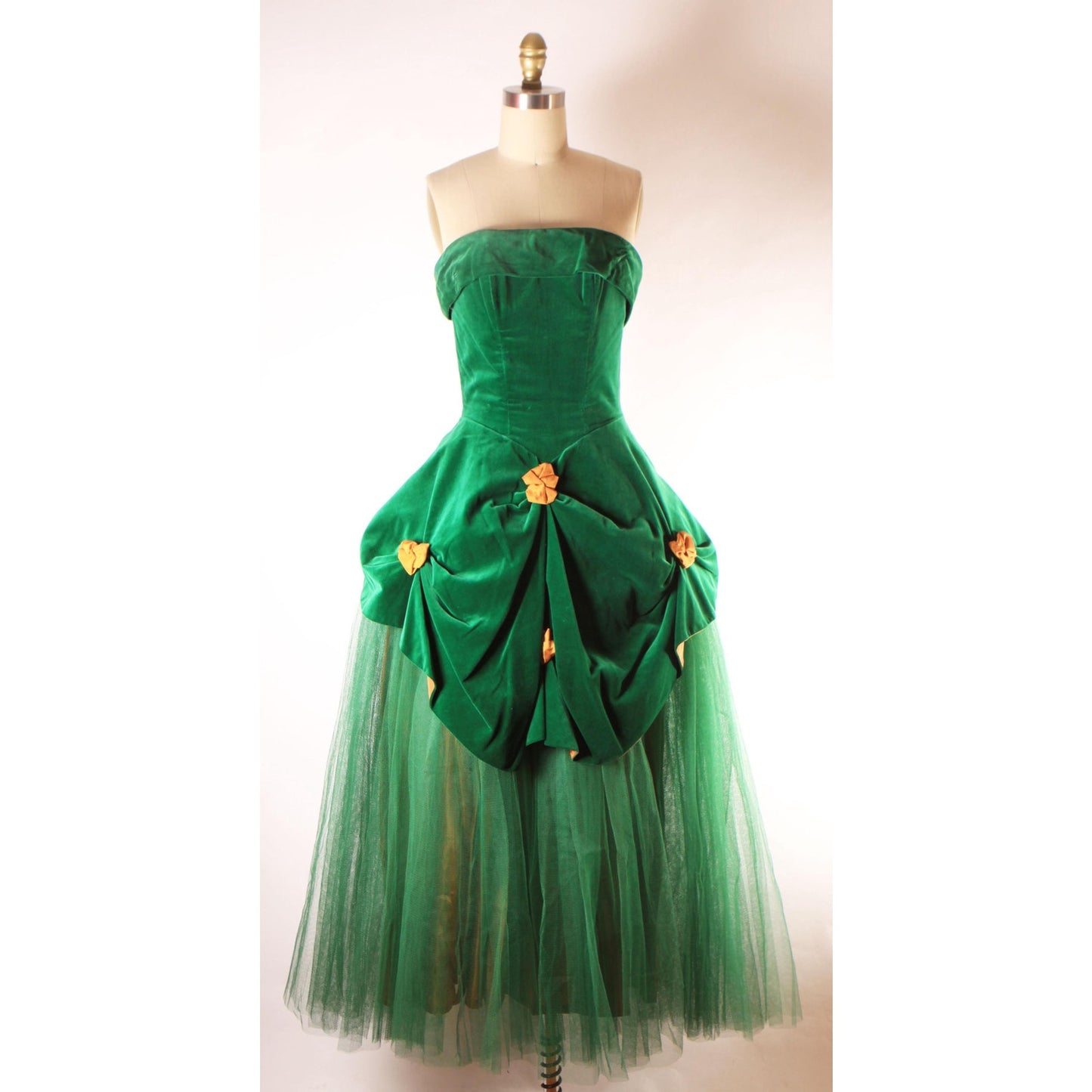 Late 1940s Early 1950s Emerald Green Velvet and Golden Yellow Gathered Bow Strapless Formal Prom Dress by Fred Perlberg -XS