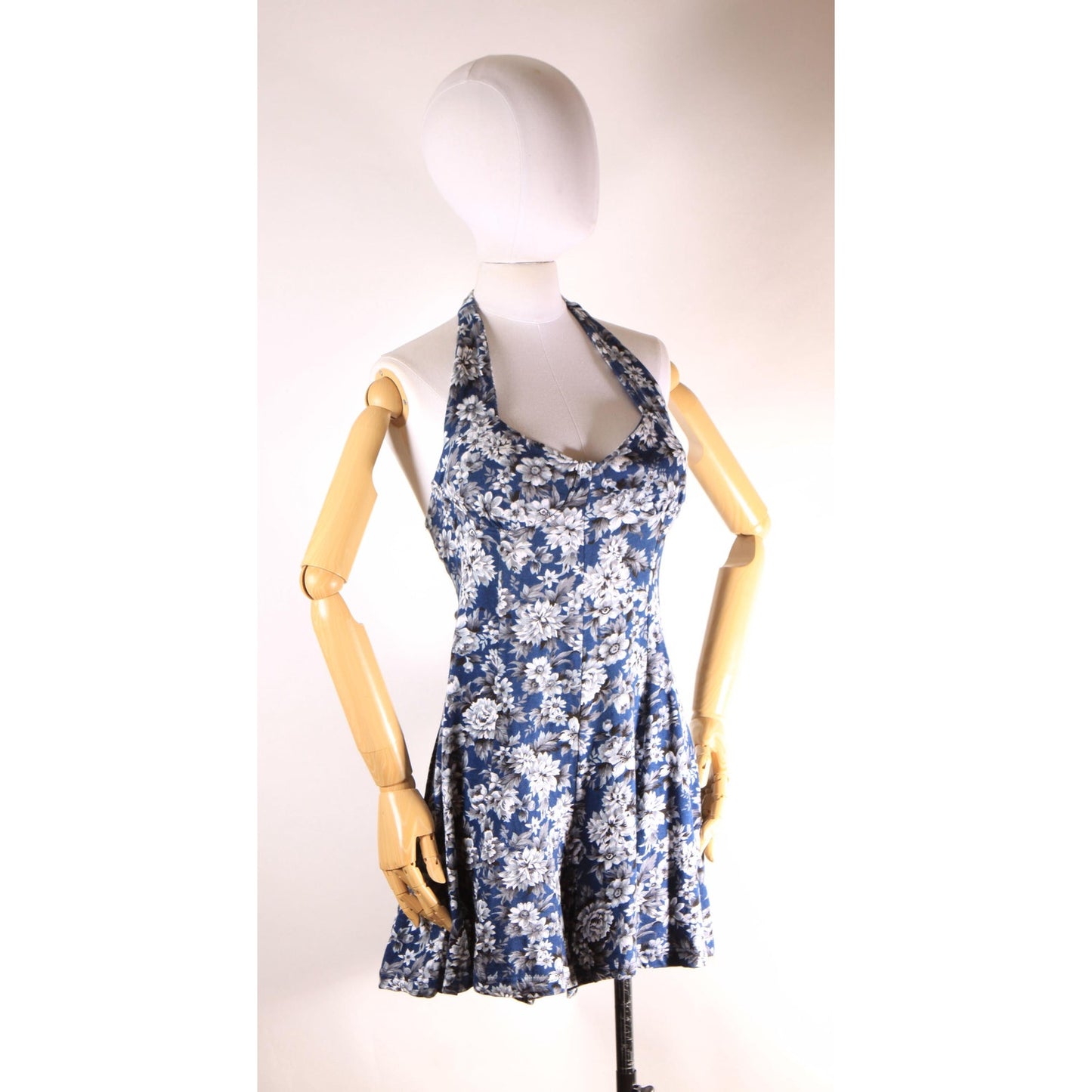 1990s Blue and White Floral Halter Top One Piece Romper by Energie -M