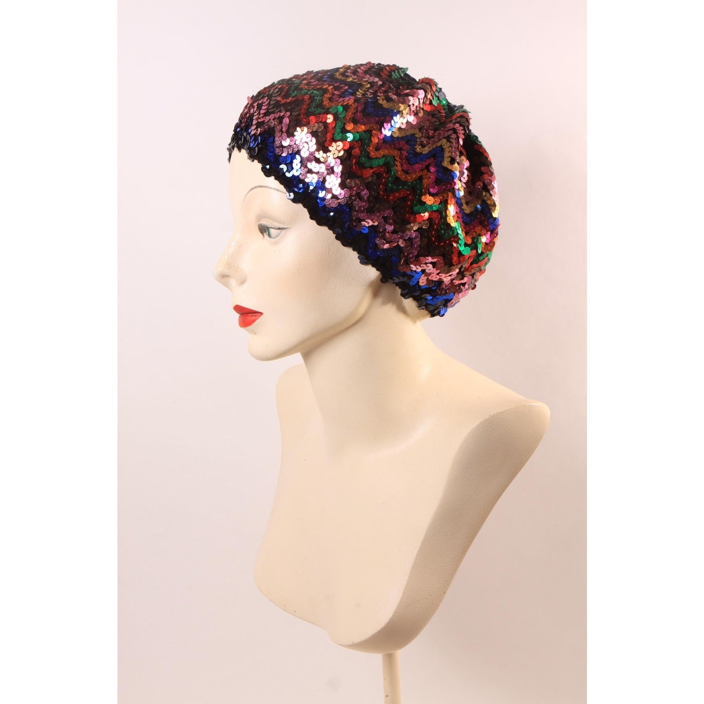 1970s 1980s Black and Multi-Colored Rainbow Sequin Slouchy Hat