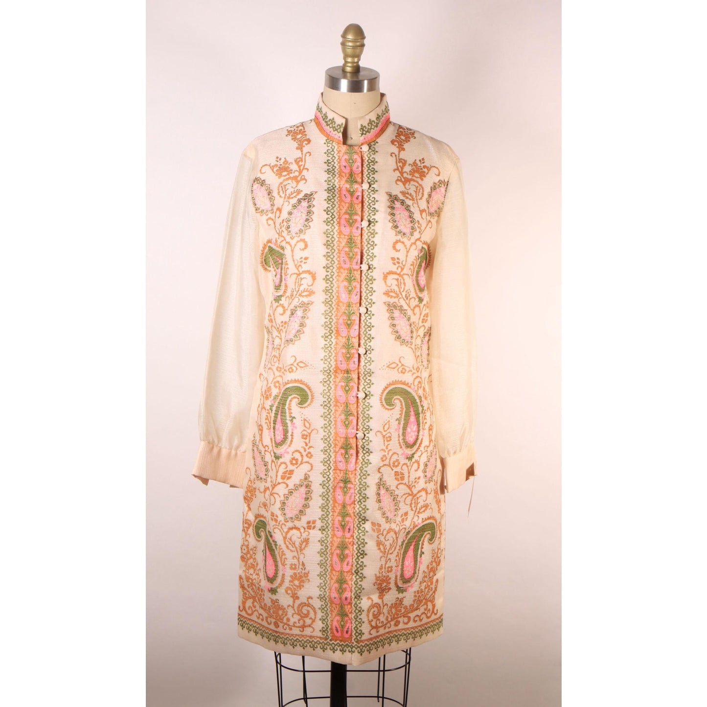 1960s Pale Beige Pink and Green Swirl Paisley Print Sheer Long Sleeve Hawaiian Dress by Alfred Shaheen -S-M