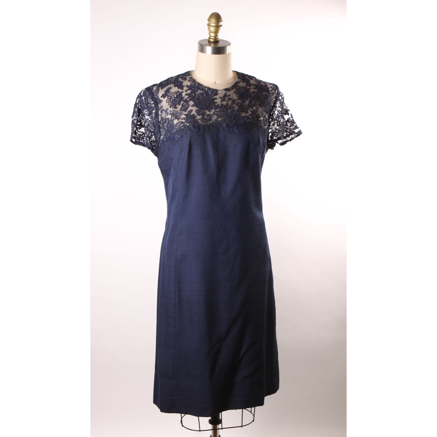 1960s Navy Blue Short Sleeve Sheer Lace Overlay Shift Dress with Matching Long Sleeve Jacket Two Piece Outfit Dress Suit -M-L