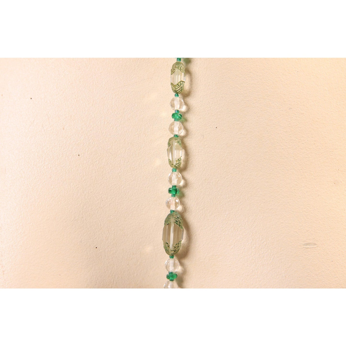 1930s Clear Glass and Green Floral Etched Art Deco Drop Chain Necklace