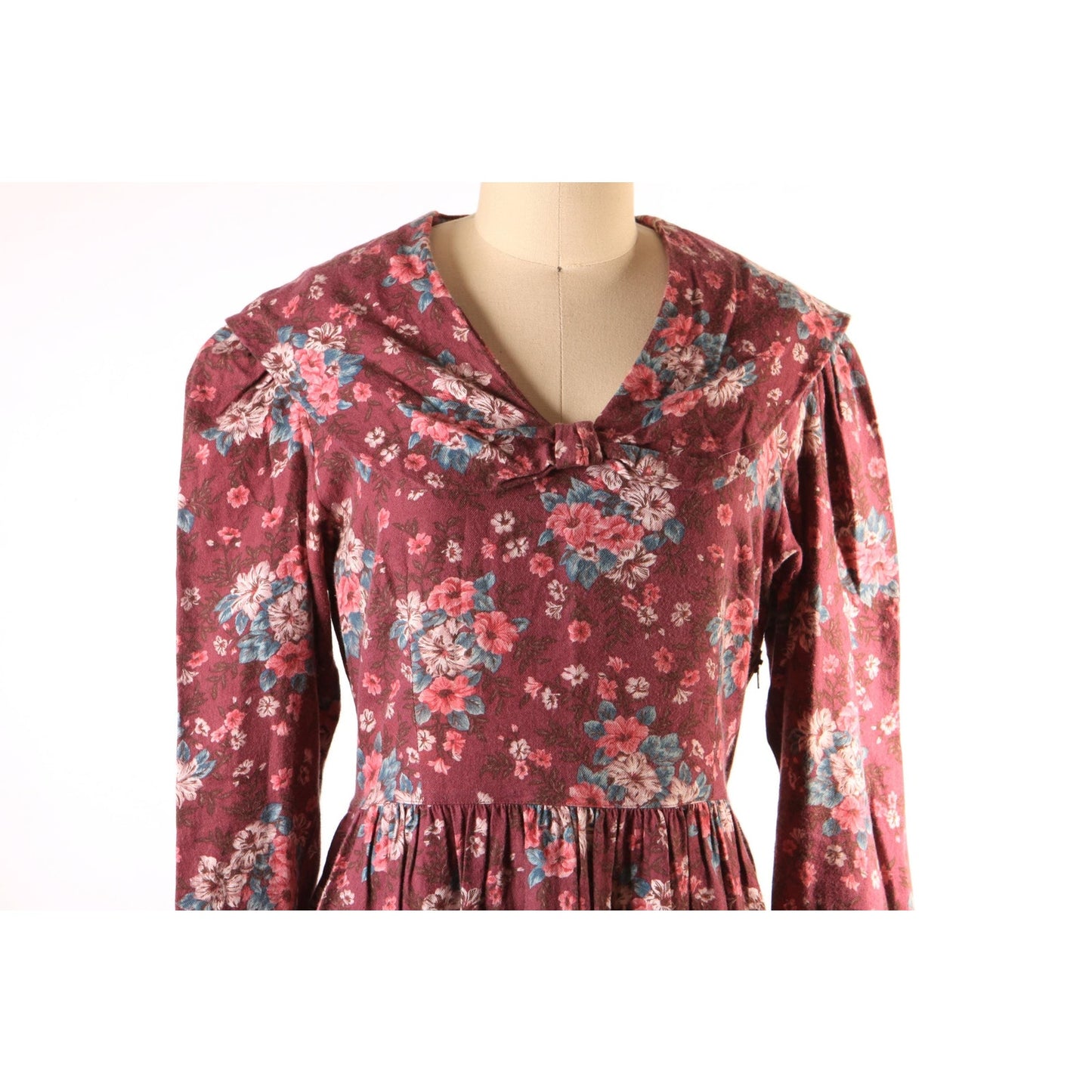 1980s Burgundy, Pink and Green Floral Sailor Collar Long Sleeve Dress by Laura Ashley-L