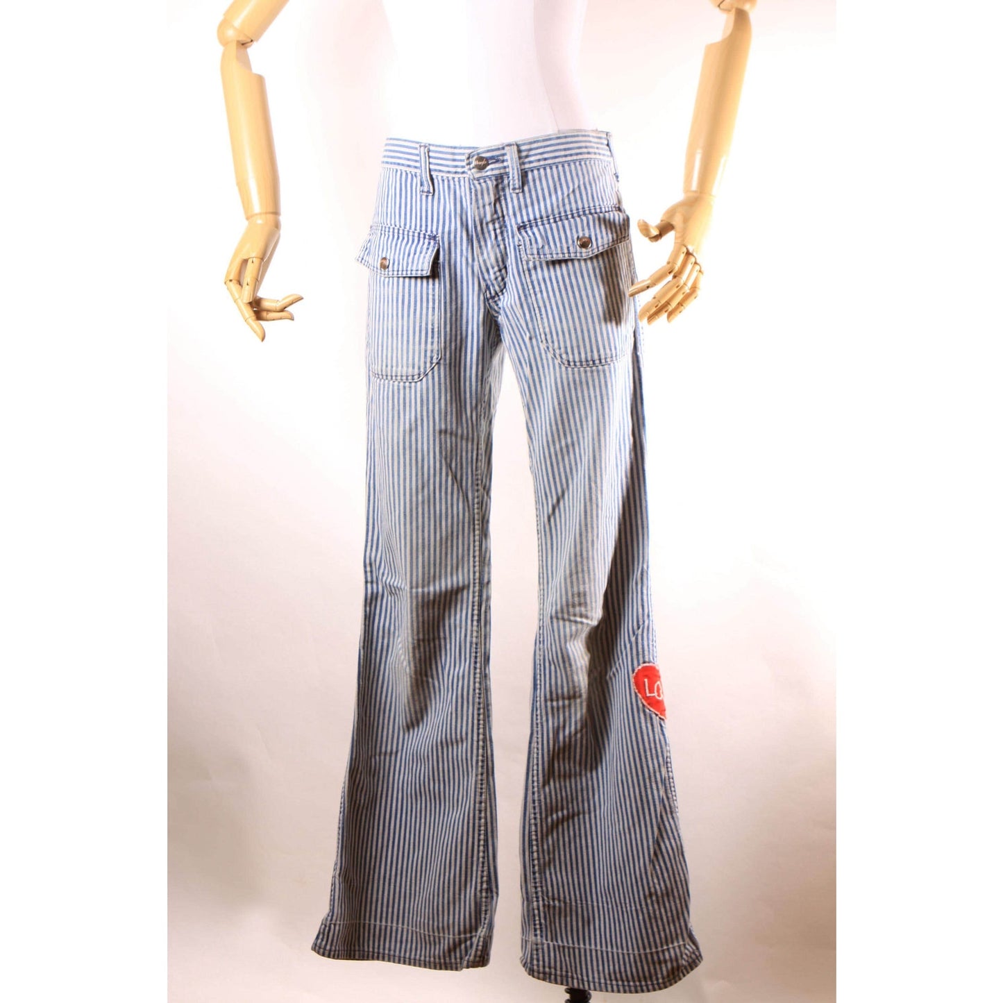 1970s Blue and White Striped Novelty Help and Love Patchwork Patch Railroad Jeans by Wrangler -31x34