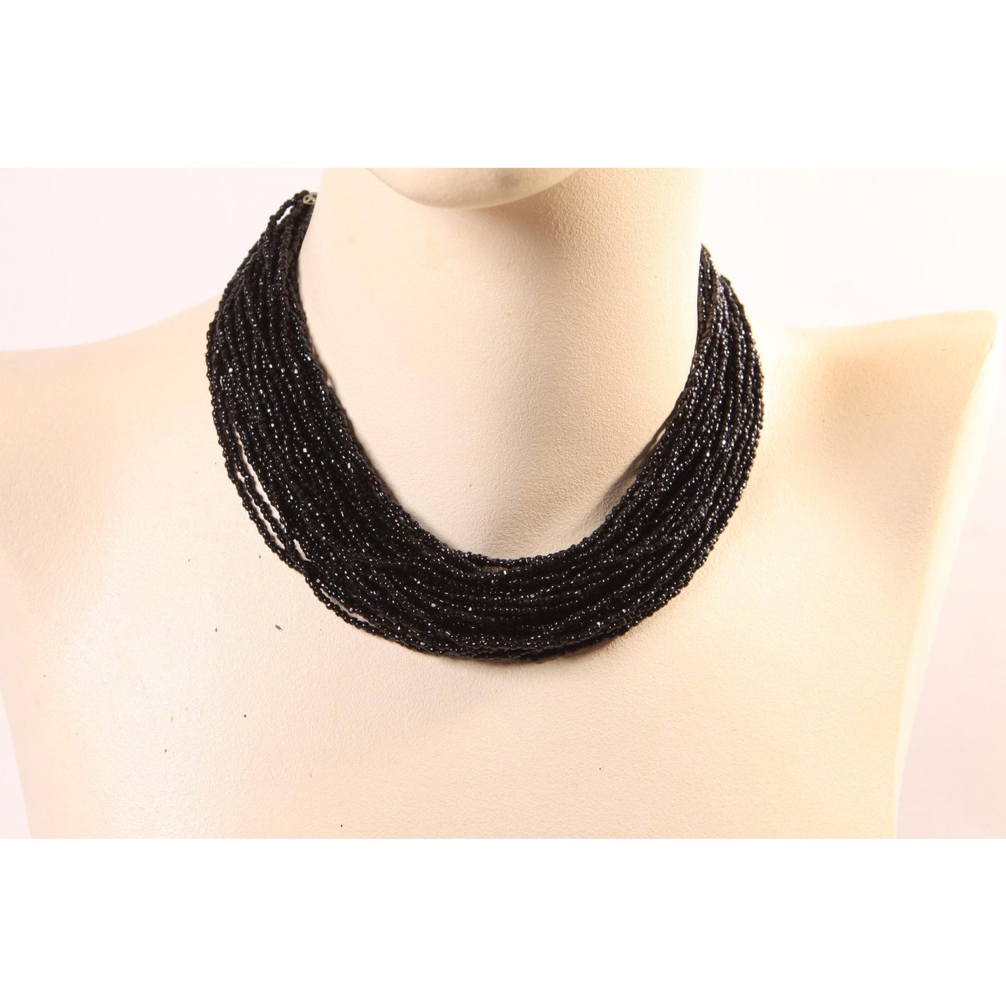 1950s 1960s Black Multi-Strand Beaded Draped Necklace by Laguna