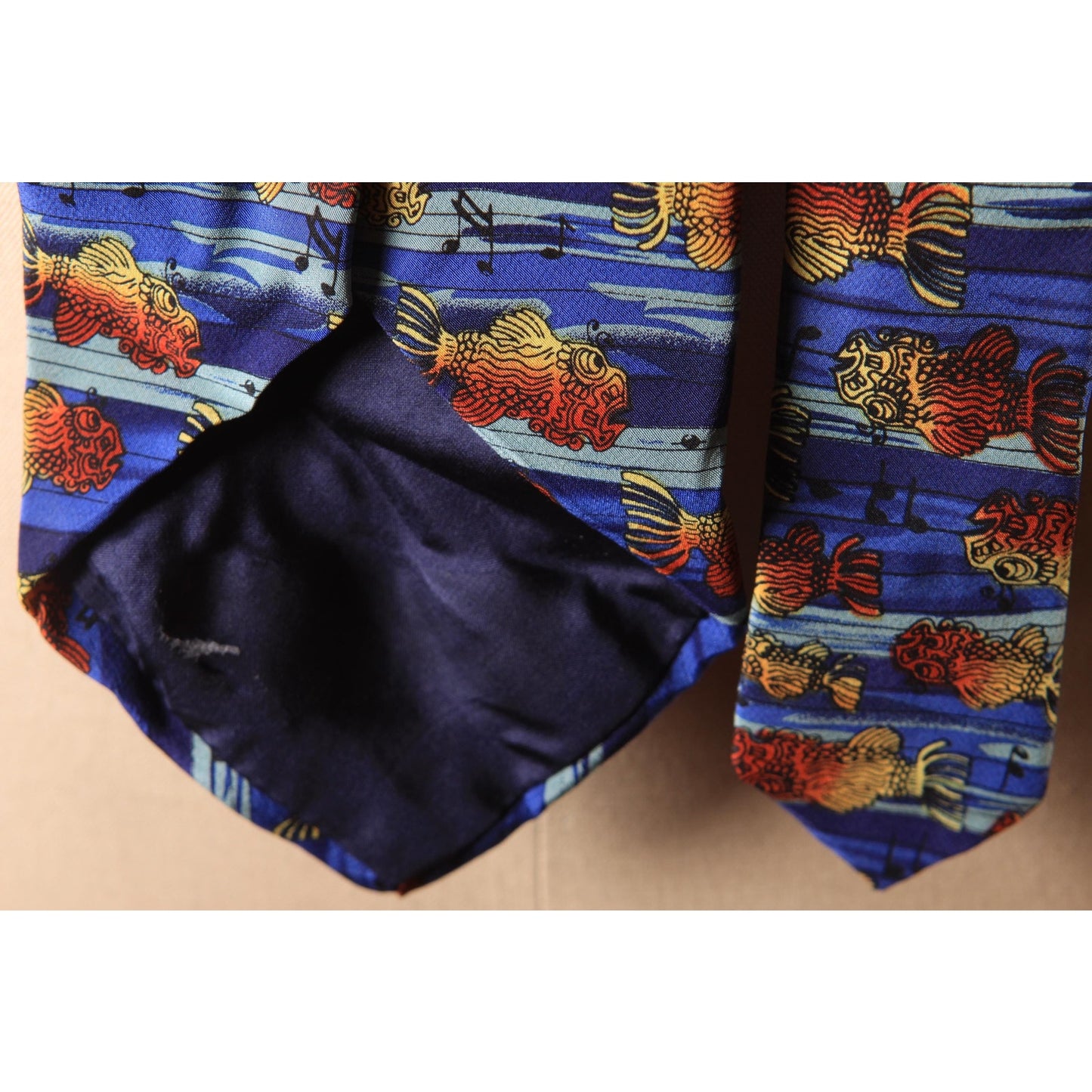 1980s 1990s Blue and Orange Novelty Fish Music Musical Note Necktie by J. Garcia