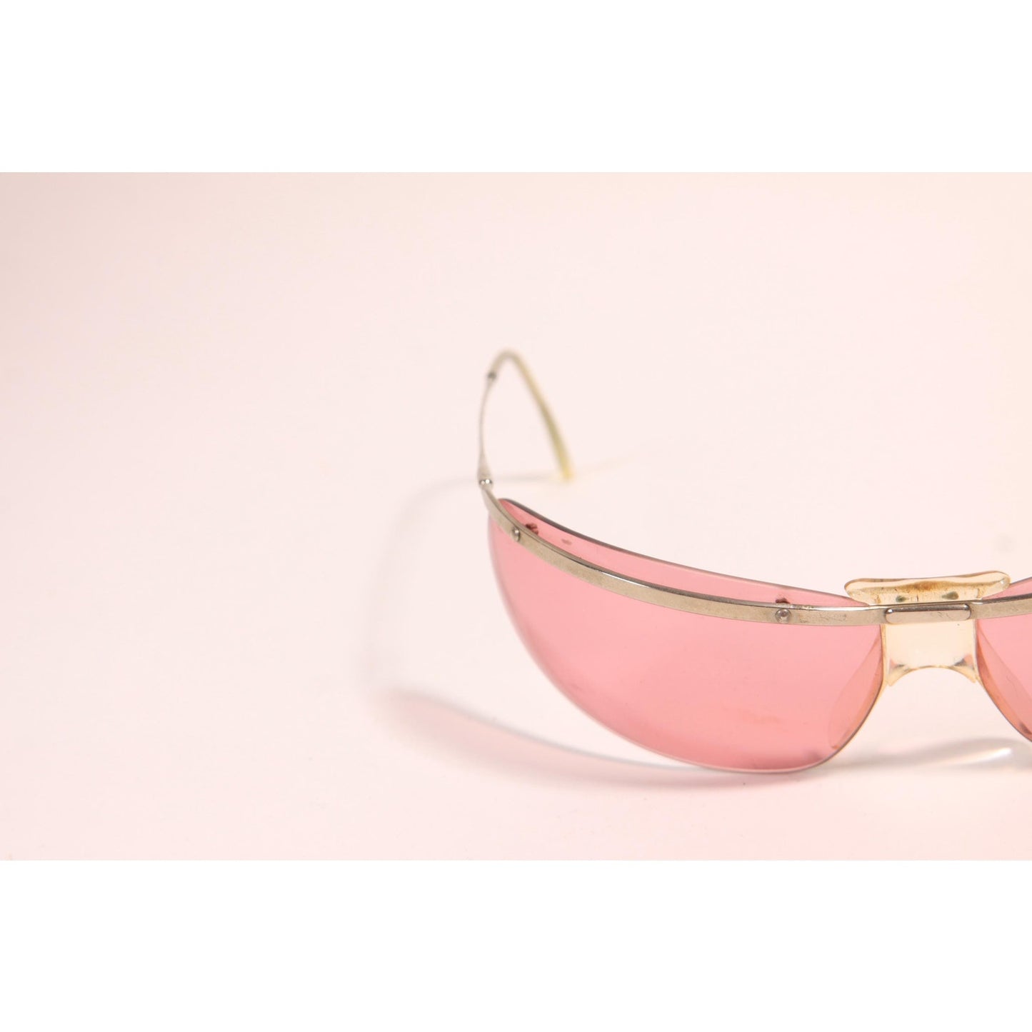 1960s Clear Pink and Silver Tone Metal Curved Frame Floating Lens Elvis Wrap Around Sunglasses by Renauld of France with Original Case