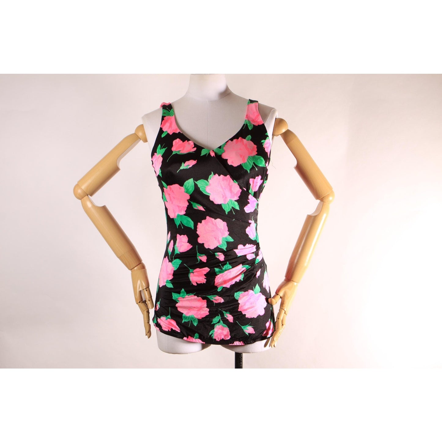 1970s 1980s Black, Pink and Green Floral One Piece Swimsuit by Maxine of Hollywood -M-L