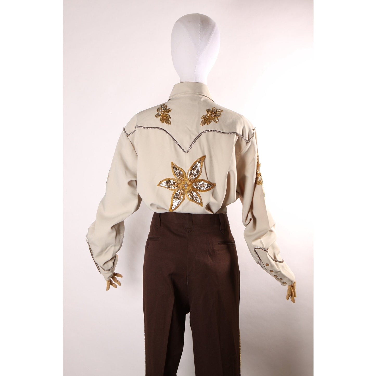 Late 1960s Early 1970s Brown and Tan Gold Metallic Rhinestone and Sequin Roses Western Pearl Snap Top with Matching Pants by H Bar C