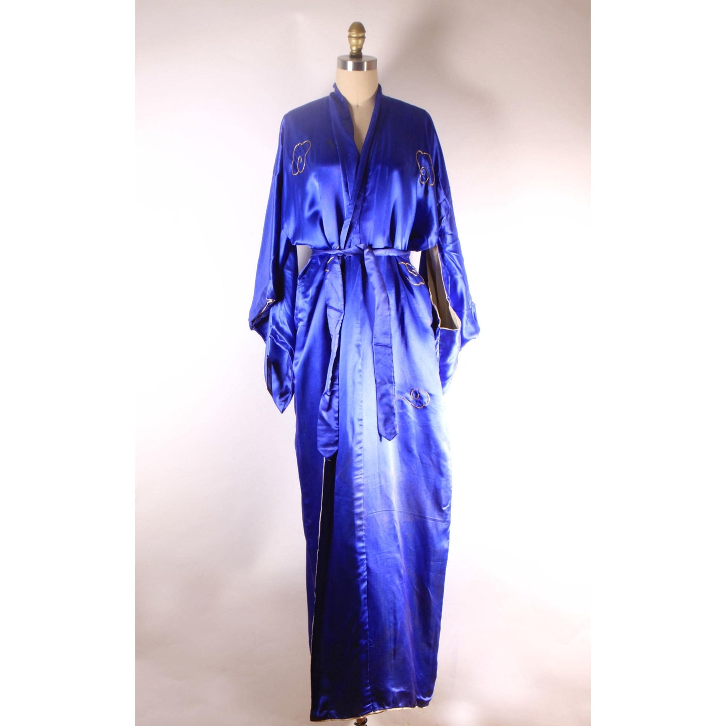1950s Blue, Gold and Red Novelty Japanese Dragon Waist Tie Robe Kimono-L